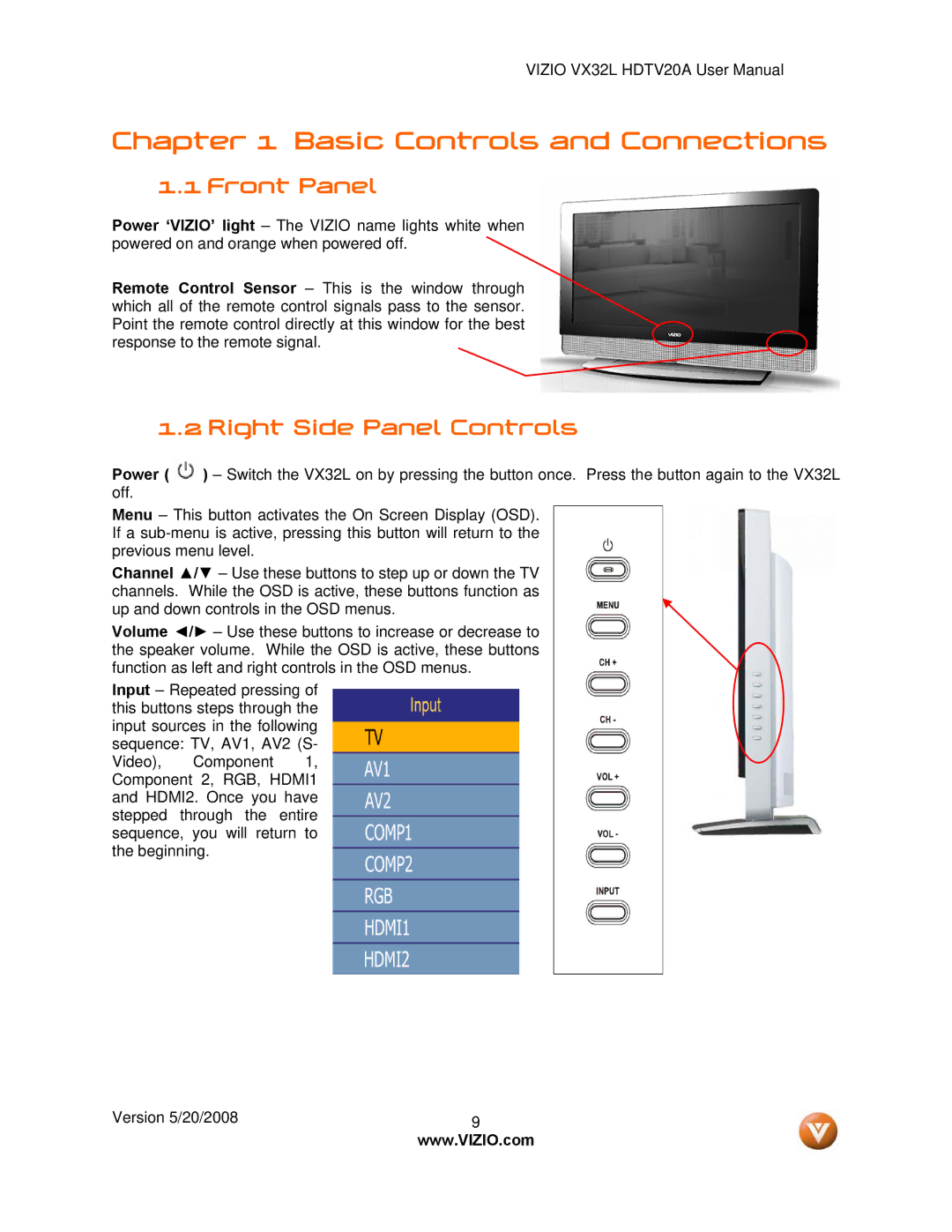 Vizio VX32L, VIZIO user manual Front Panel, Right Side Panel Controls 