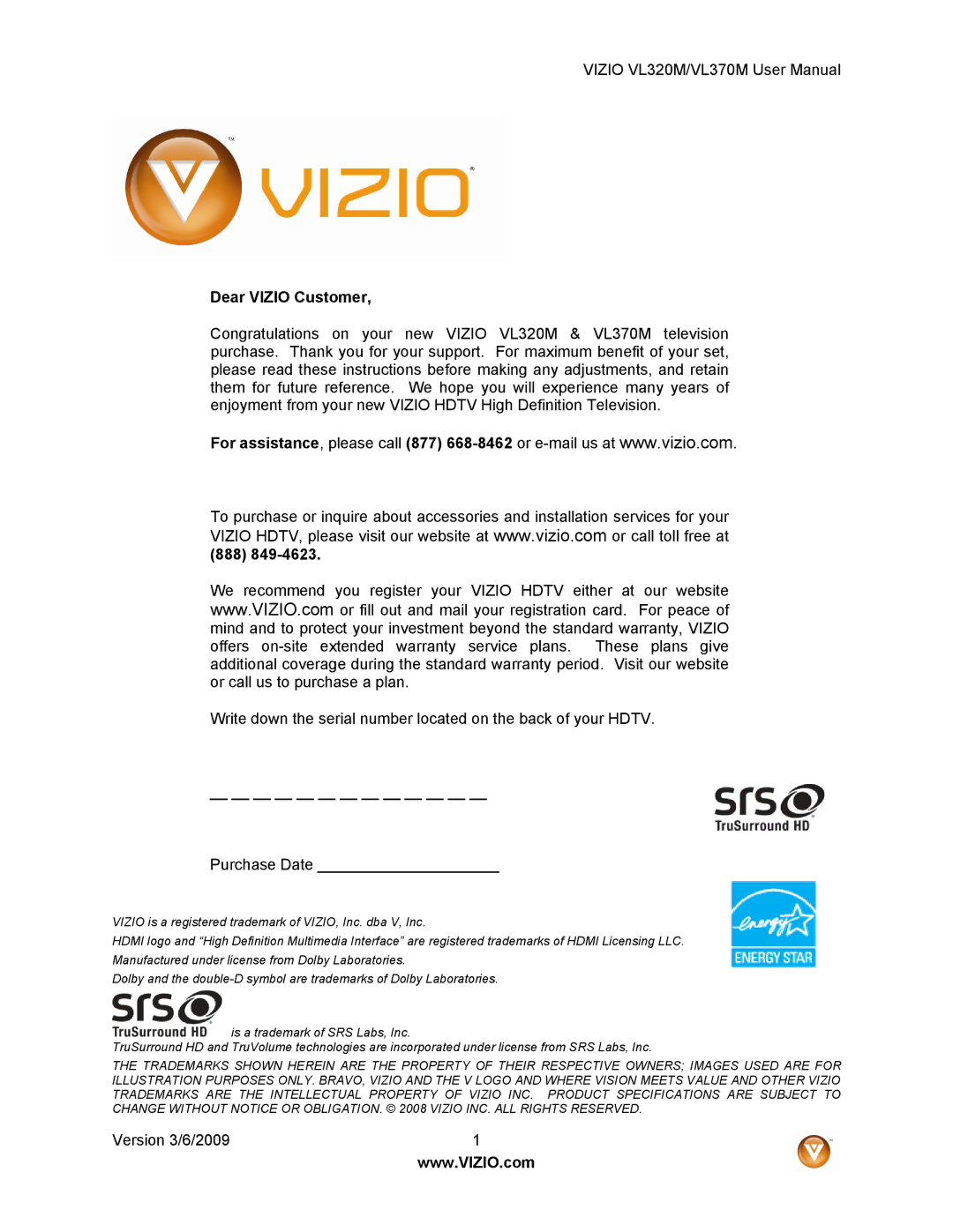 Vizio VL320M user manual Dear Vizio Customer, 888 