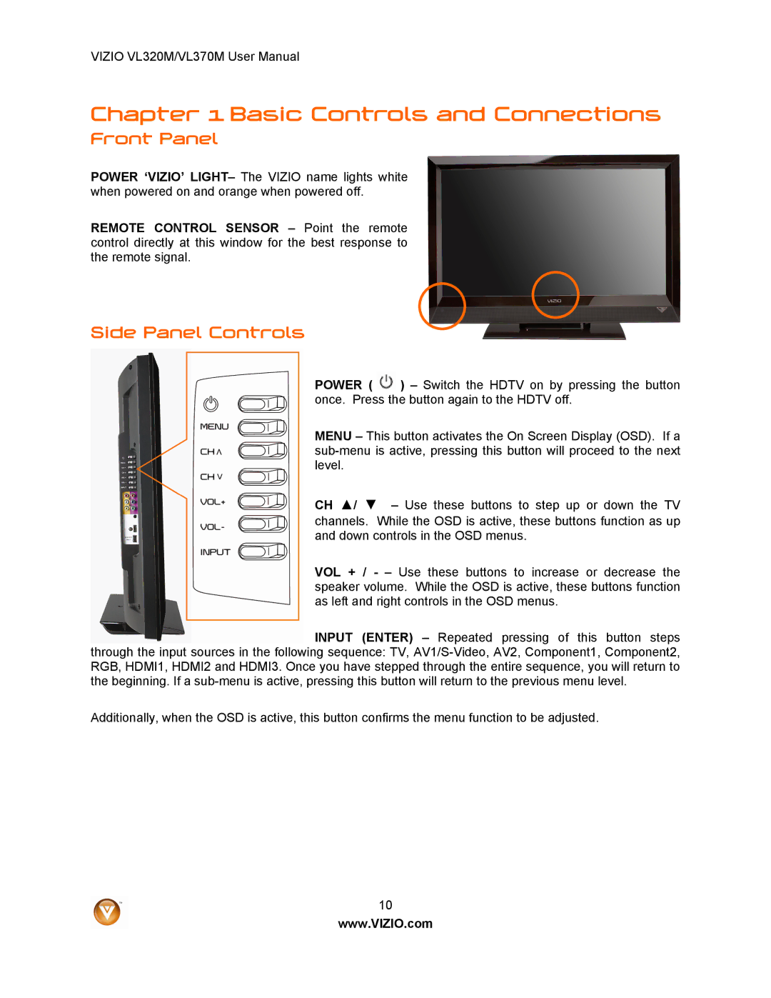 Vizio VL320M user manual Front Panel, Side Panel Controls 