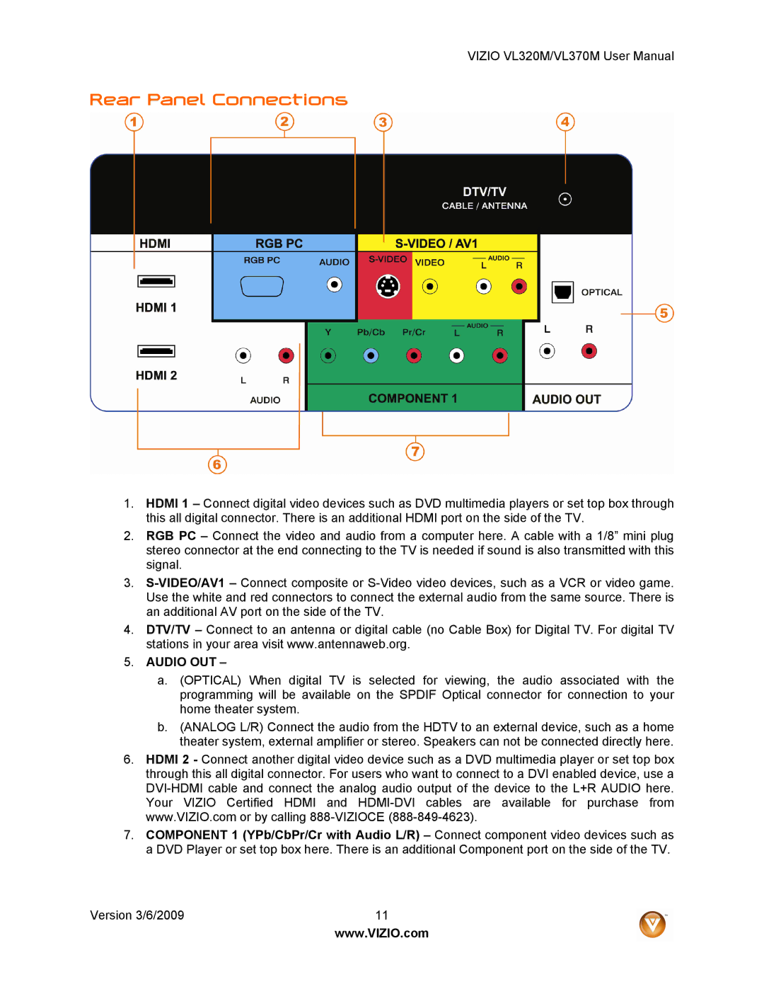 Vizio VL320M user manual Rear Panel Connections, Audio OUT 