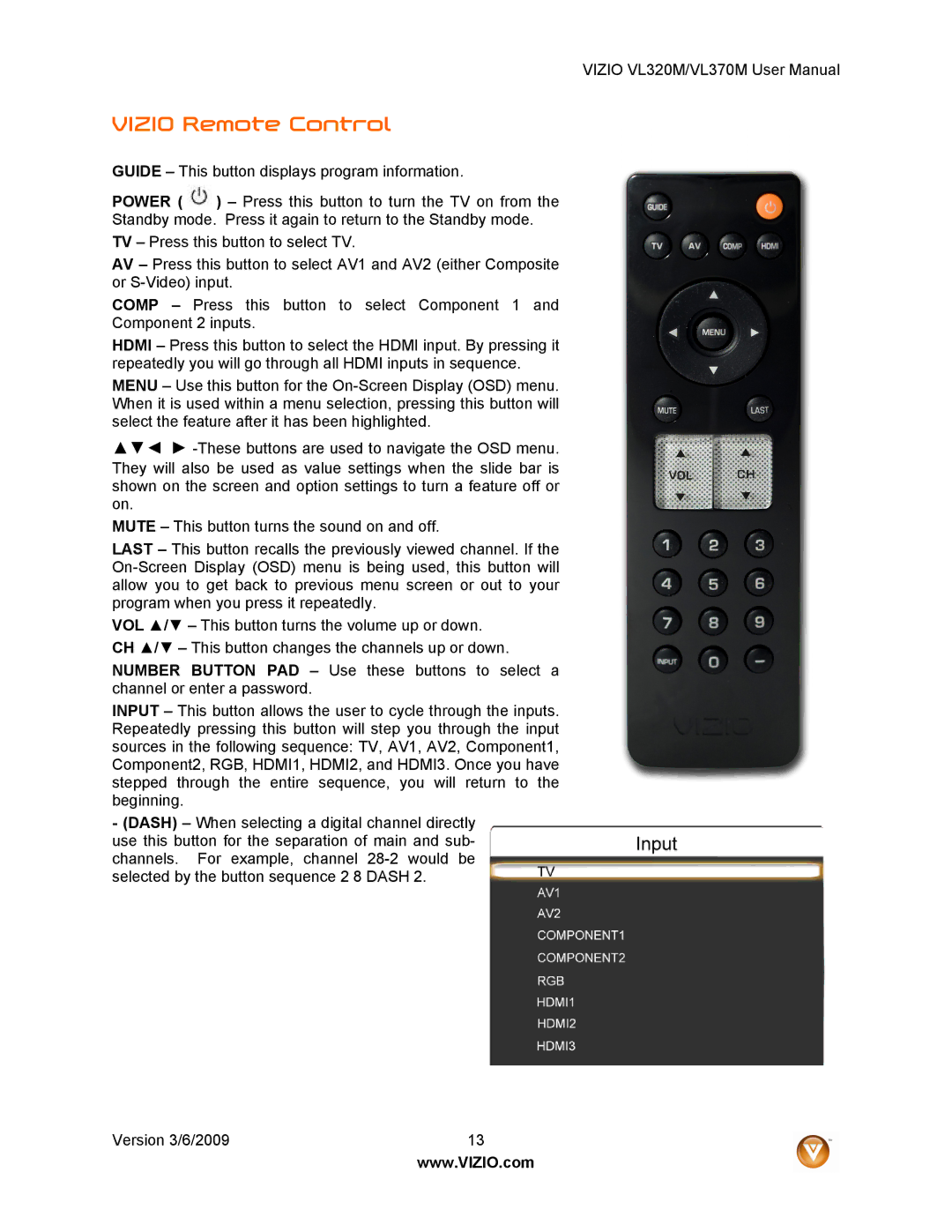 Vizio VL320M user manual Vizio Remote Control 