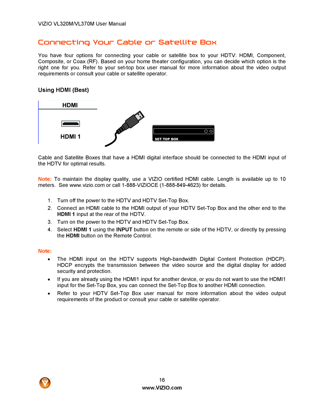 Vizio VL320M user manual Connecting Your Cable or Satellite Box, Using Hdmi Best 