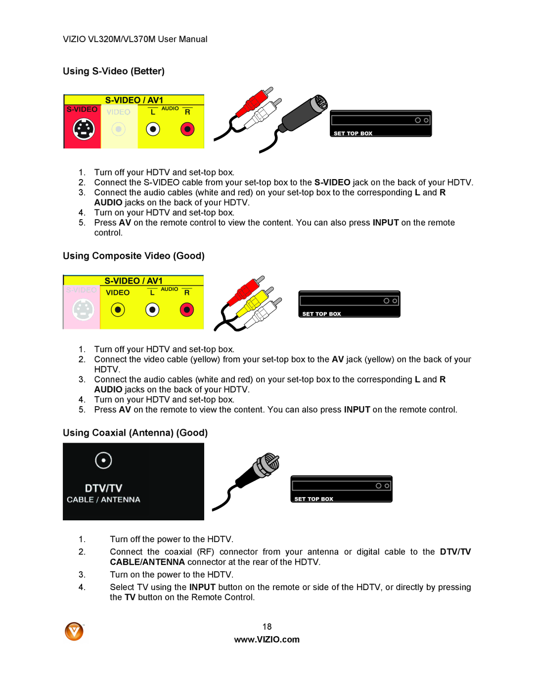 Vizio VL320M user manual Using S-Video Better, Using Composite Video Good, Using Coaxial Antenna Good 