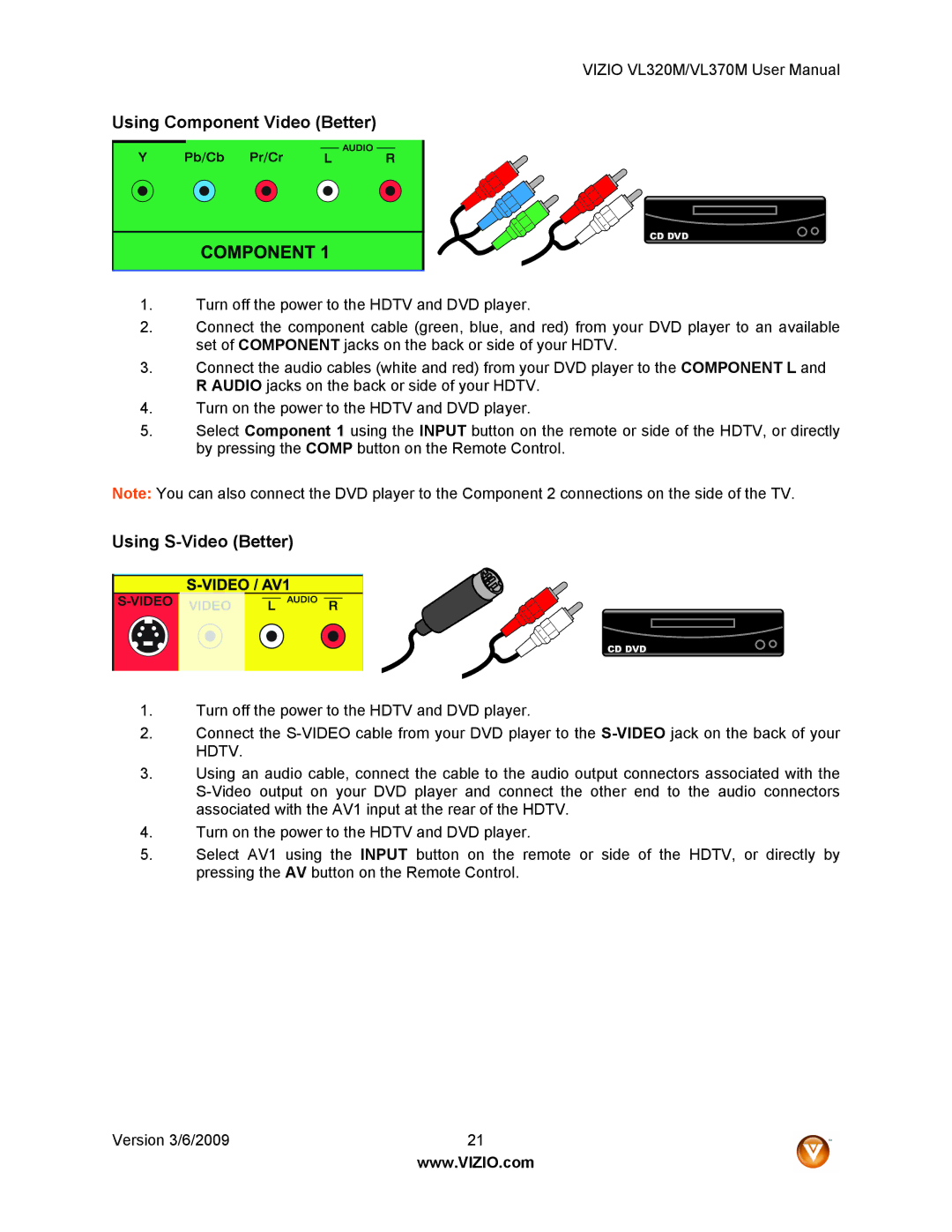 Vizio VL320M user manual Using Component Video Better 