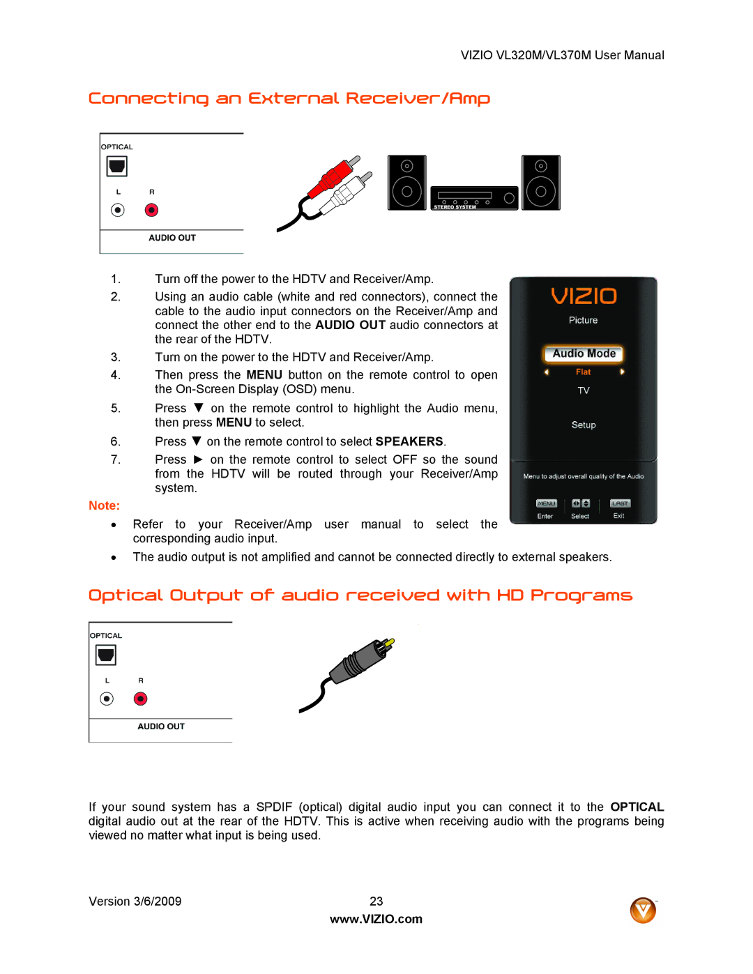 Vizio VL320M user manual Connecting an External Receiver/Amp, Optical Output of audio received with HD Programs 