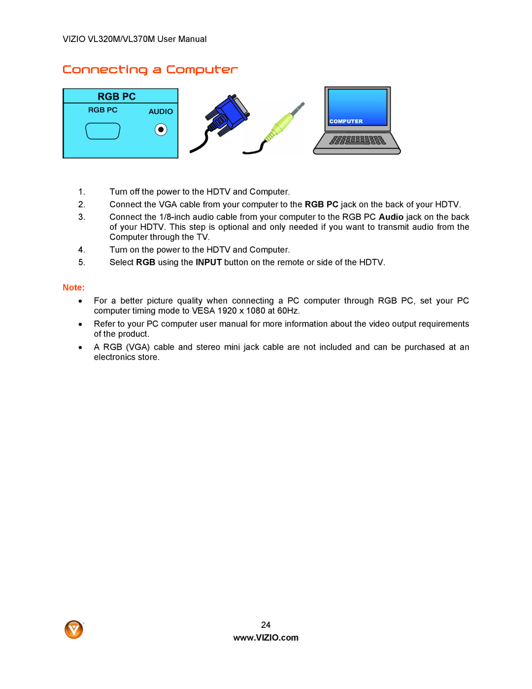 Vizio VL320M user manual Connecting a Computer 