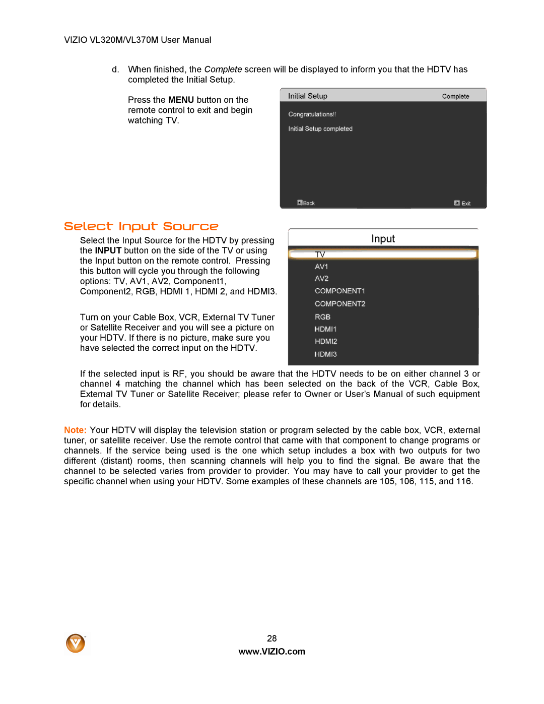 Vizio VL320M user manual Select Input Source 