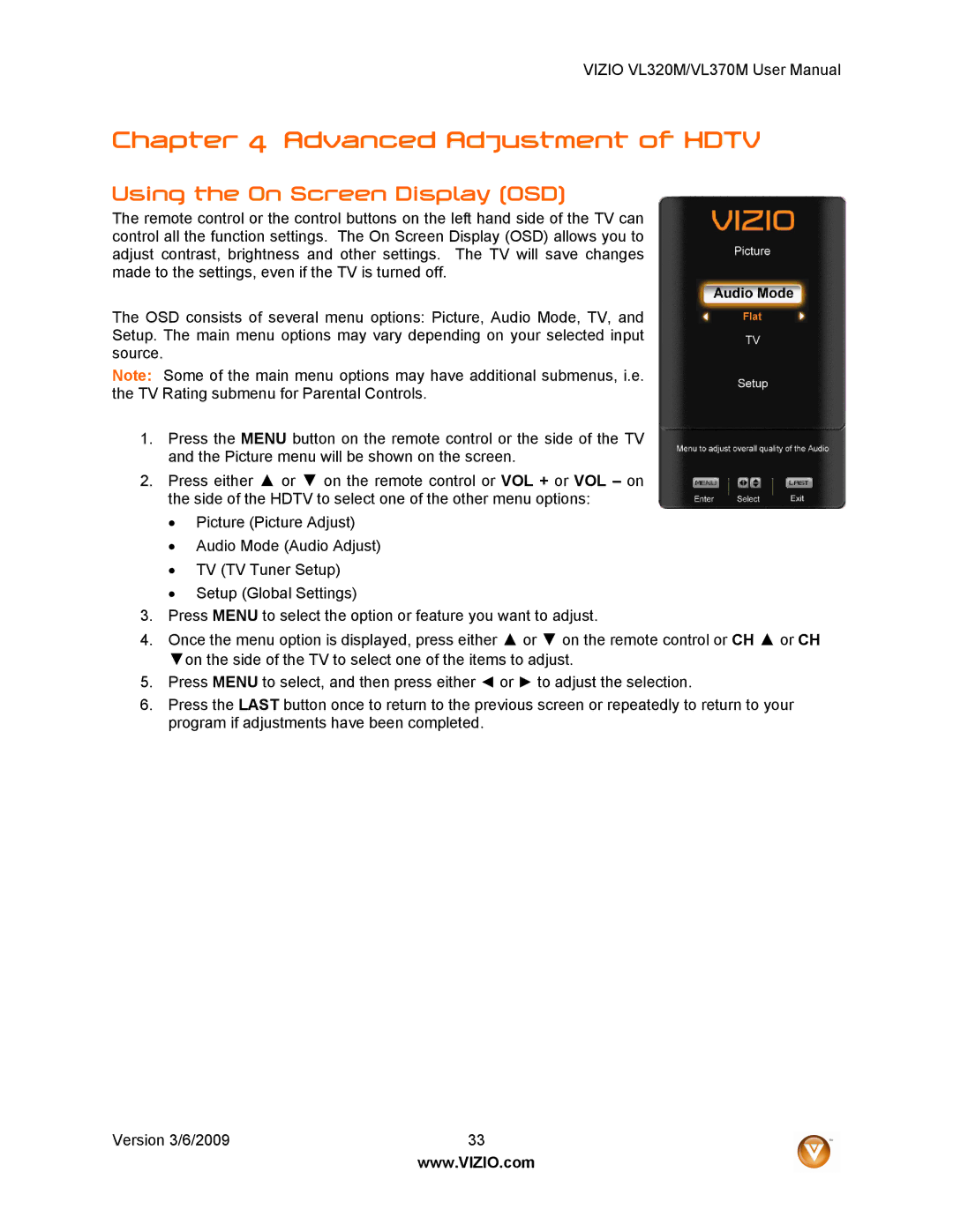 Vizio VL320M user manual Advanced Adjustment of Hdtv, Using the On Screen Display OSD 