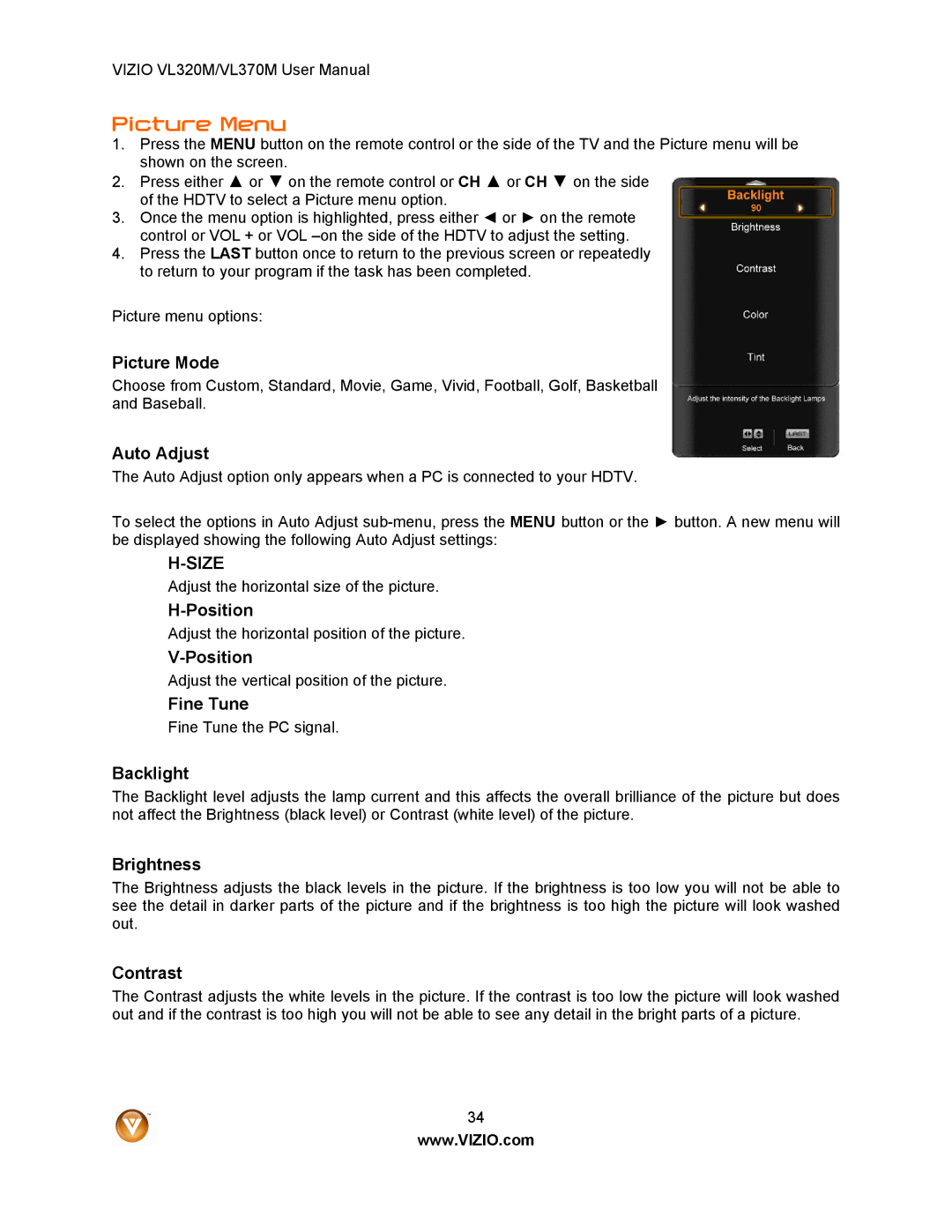 Vizio VL320M user manual Picture Menu 