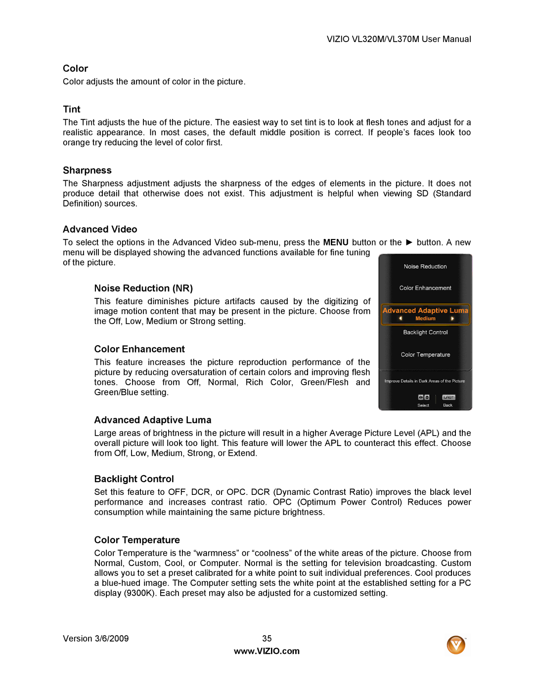 Vizio VL320M user manual Tint, Sharpness, Advanced Video, Noise Reduction NR, Color Enhancement, Advanced Adaptive Luma 