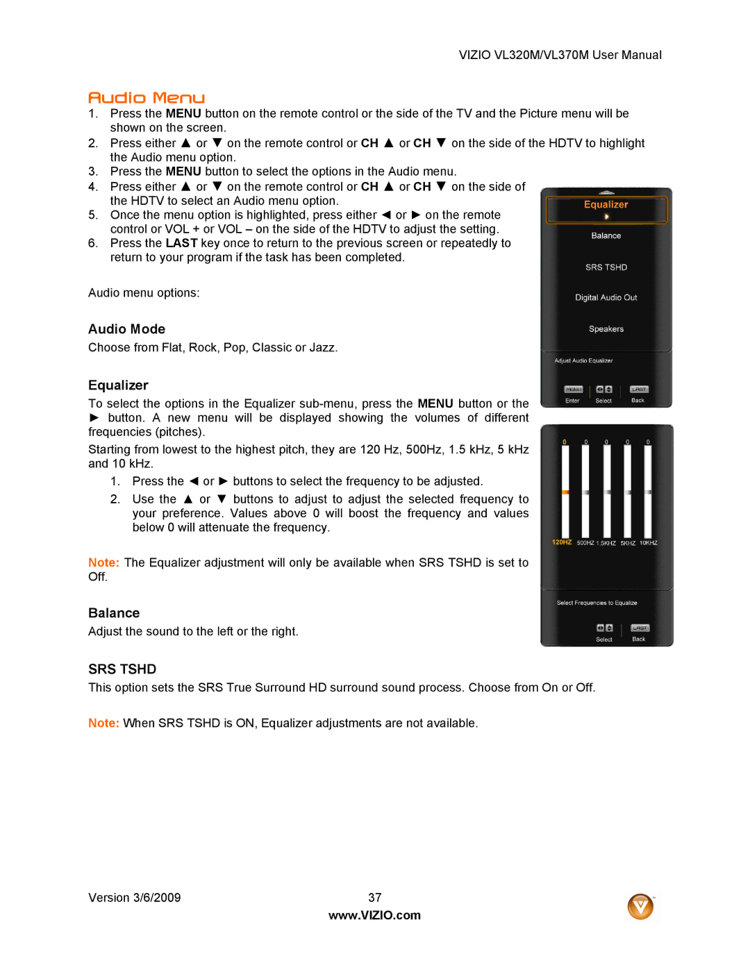 Vizio VL320M user manual Audio Menu, Audio Mode, Equalizer, Balance 