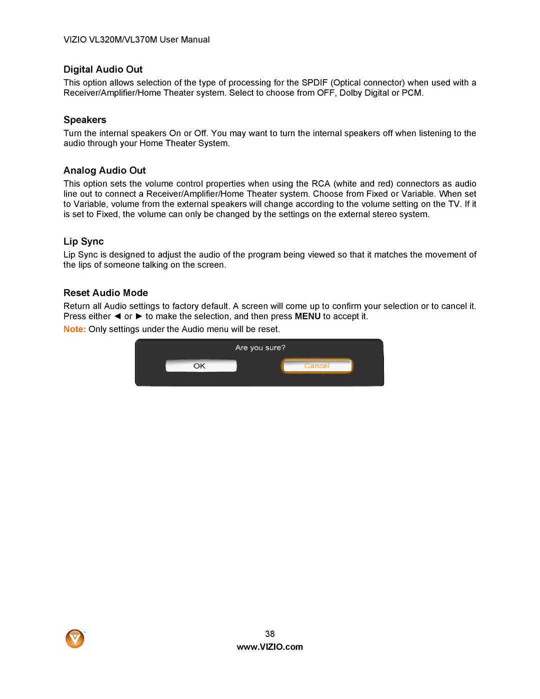 Vizio VL320M user manual Digital Audio Out, Speakers, Analog Audio Out, Lip Sync, Reset Audio Mode 