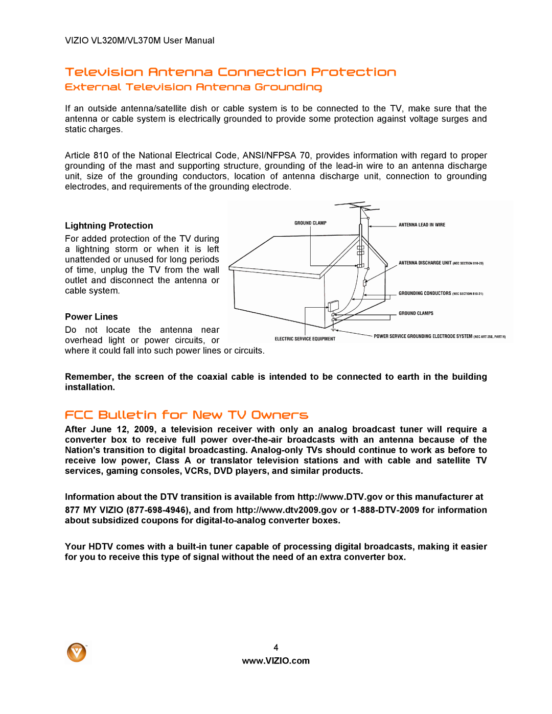 Vizio VL320M Television Antenna Connection Protection, FCC Bulletin for New TV Owners, Lightning Protection, Power Lines 