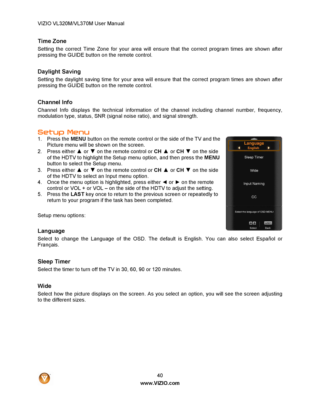 Vizio VL320M user manual Setup Menu 