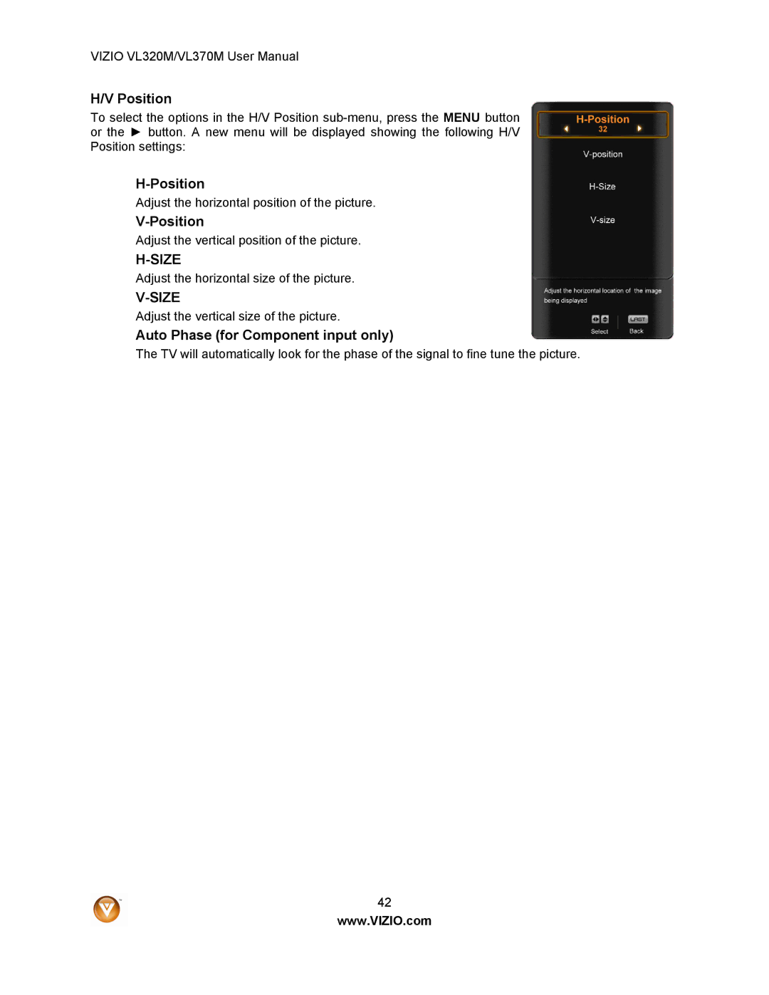 Vizio VL320M user manual Position, Auto Phase for Component input only 