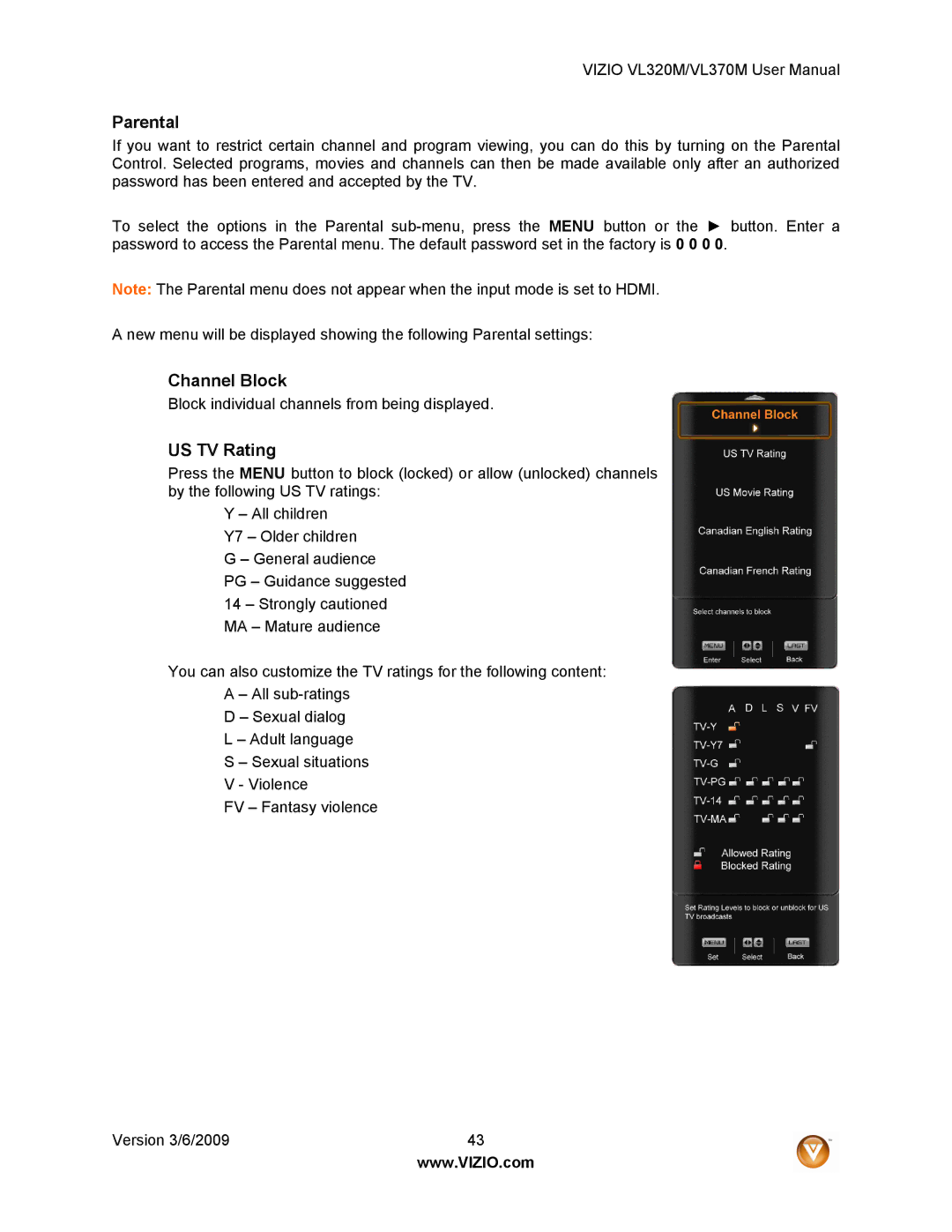 Vizio VL320M user manual Parental, Channel Block, US TV Rating 