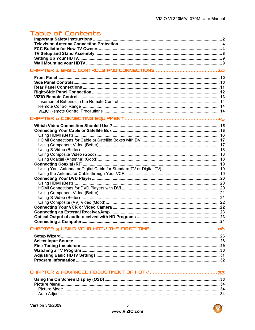 Vizio VL320M user manual Table of Contents 