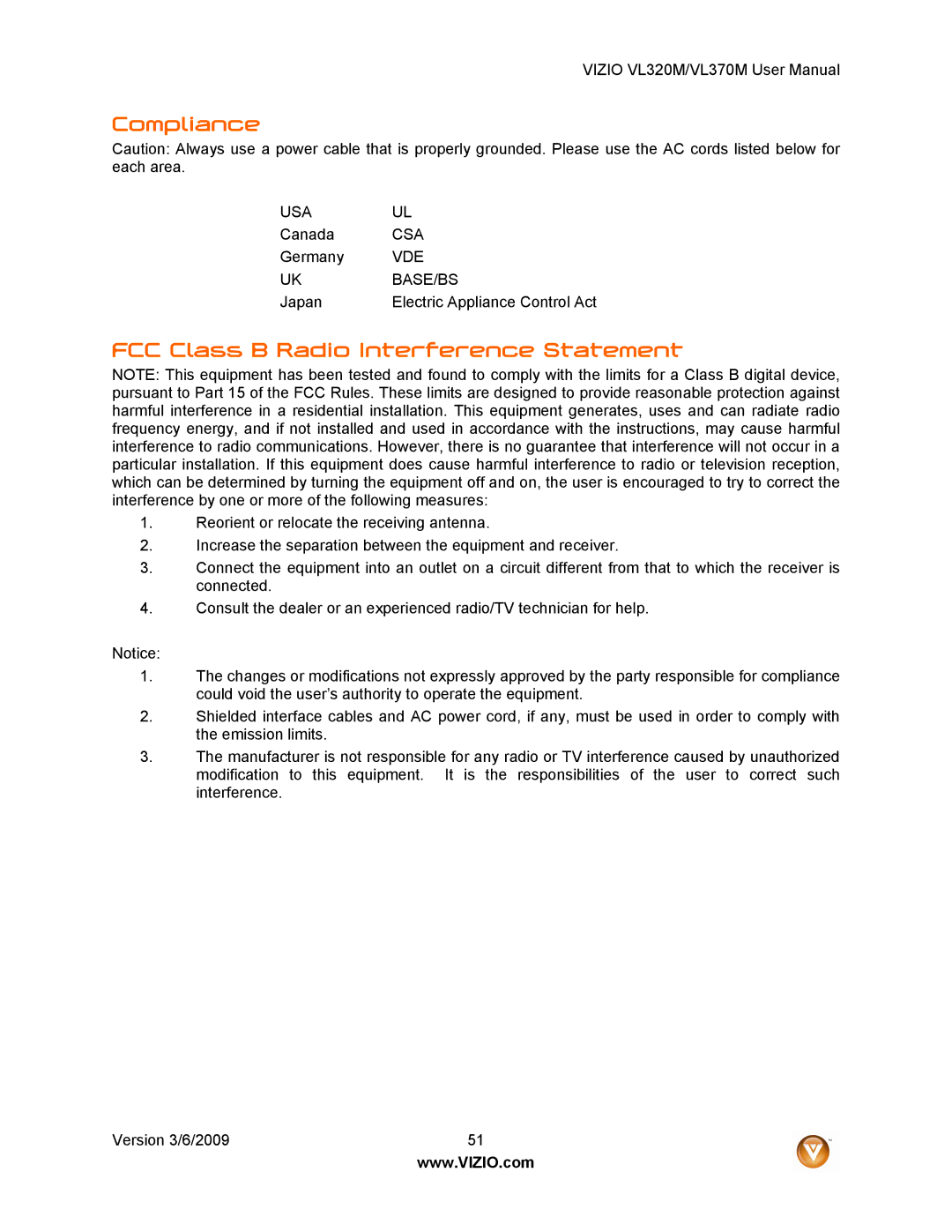 Vizio VL320M user manual Compliance, FCC Class B Radio Interference Statement 