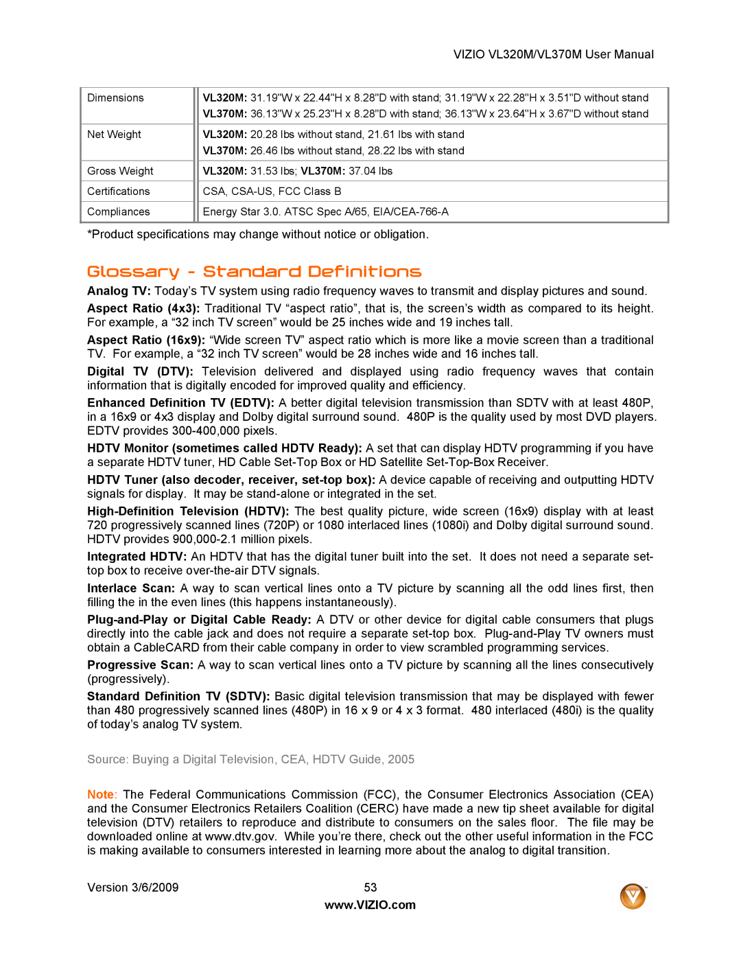 Vizio VL320M user manual Glossary Standard Definitions 