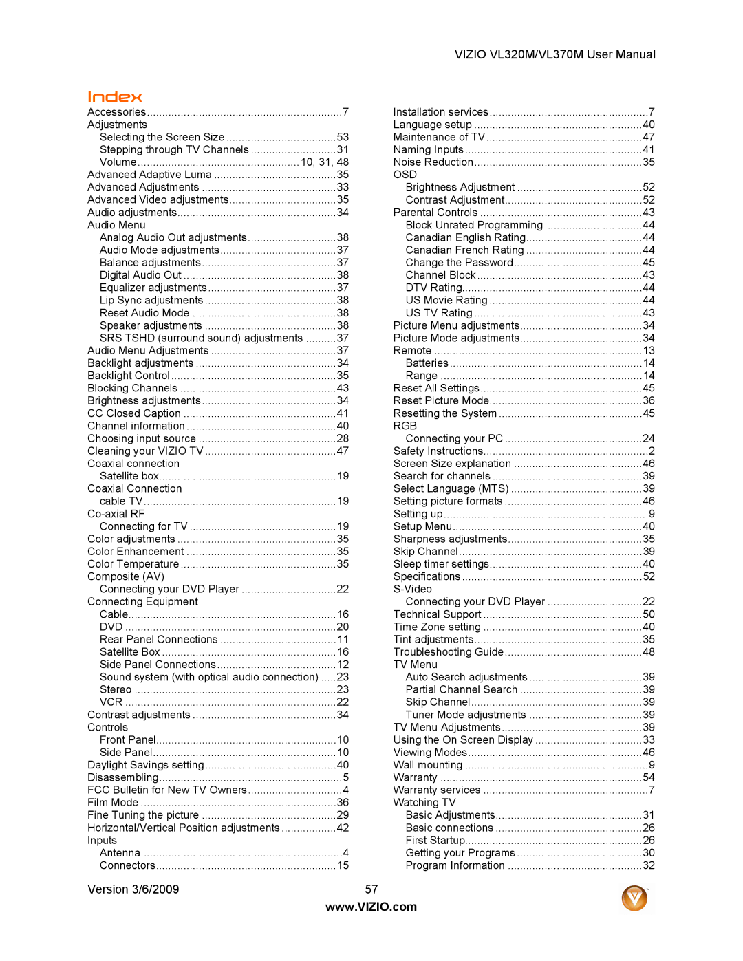 Vizio VL320M user manual Index, Dvd 