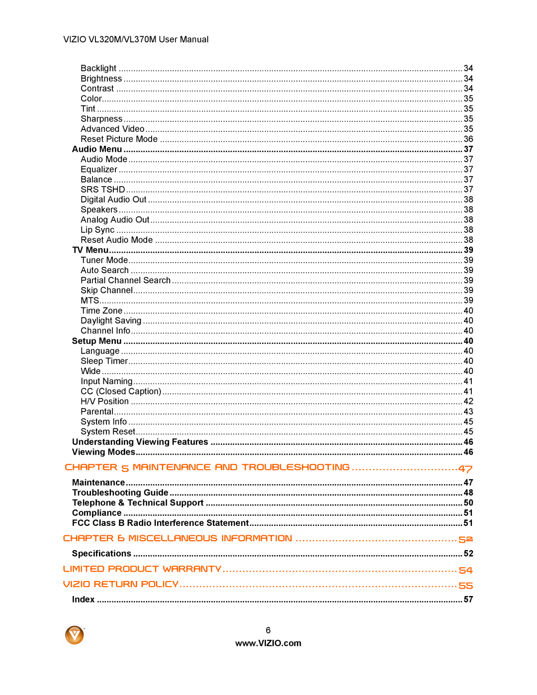 Vizio VL320M user manual Miscellaneous Information 