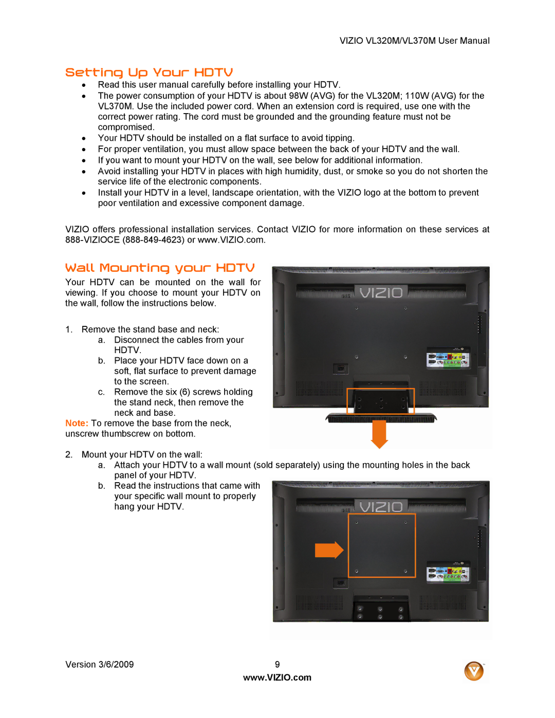 Vizio VL320M user manual Setting Up Your Hdtv, Wall Mounting your Hdtv 