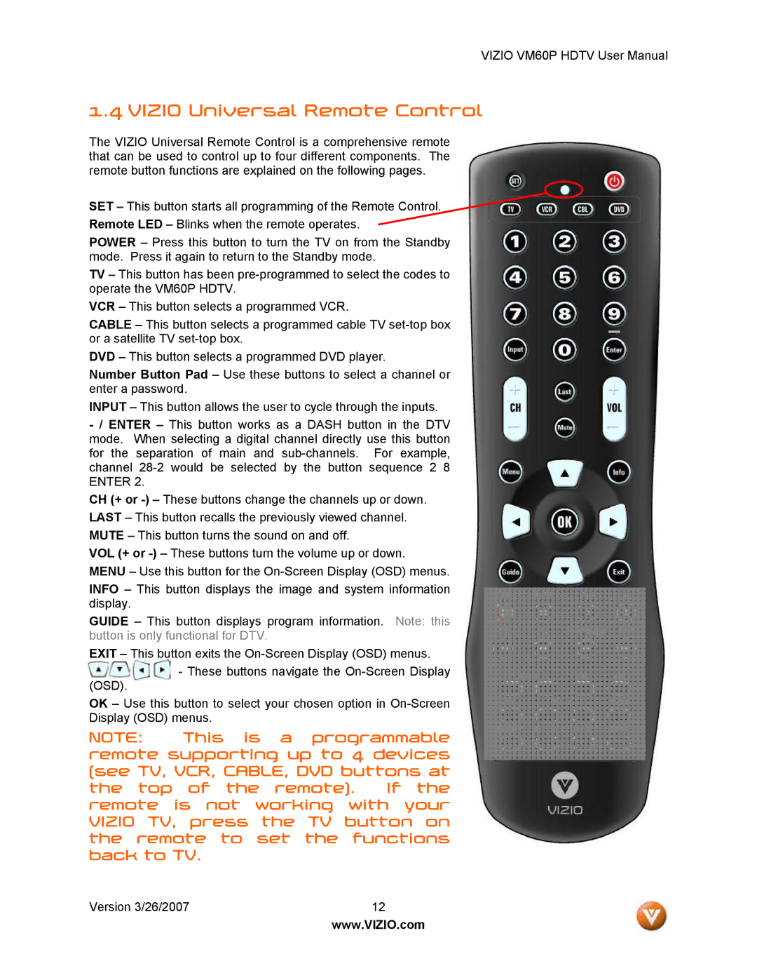 Vizio VM60P user manual Vizio Universal Remote Control 