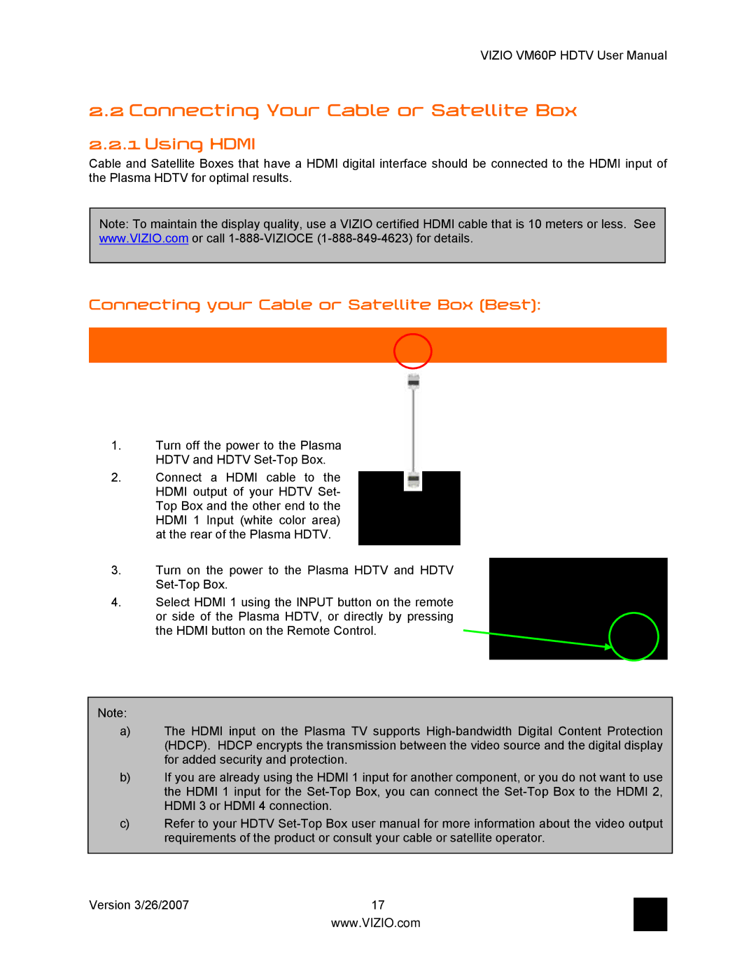 Vizio VM60P user manual Connecting Your Cable or Satellite Box, Using Hdmi, Connecting your Cable or Satellite Box Best 