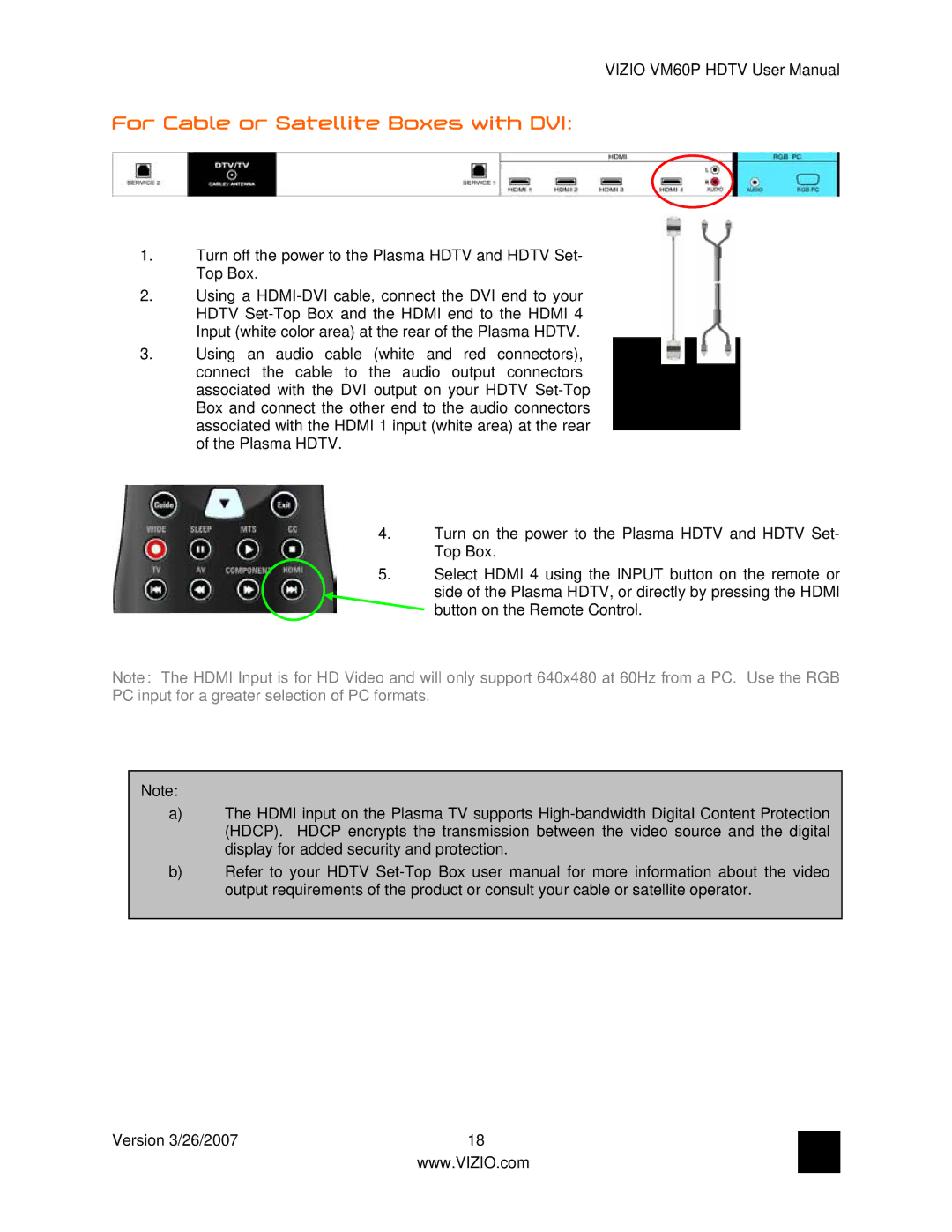 Vizio VM60P user manual For Cable or Satellite Boxes with DVI 