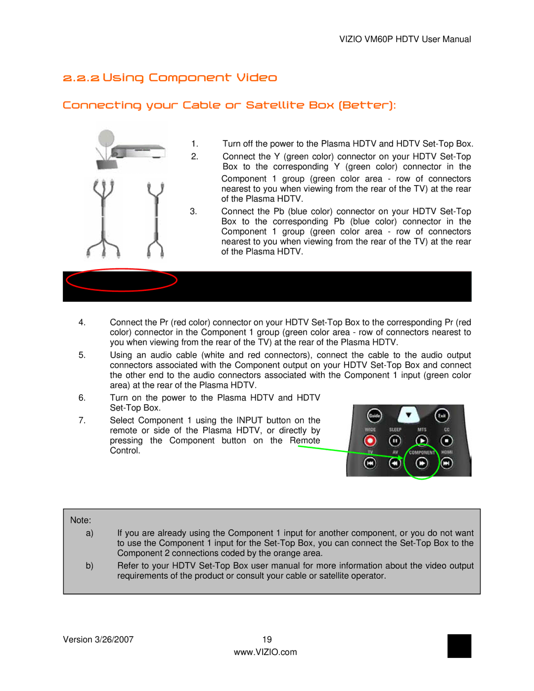 Vizio VM60P user manual Using Component Video, Connecting your Cable or Satellite Box Better 