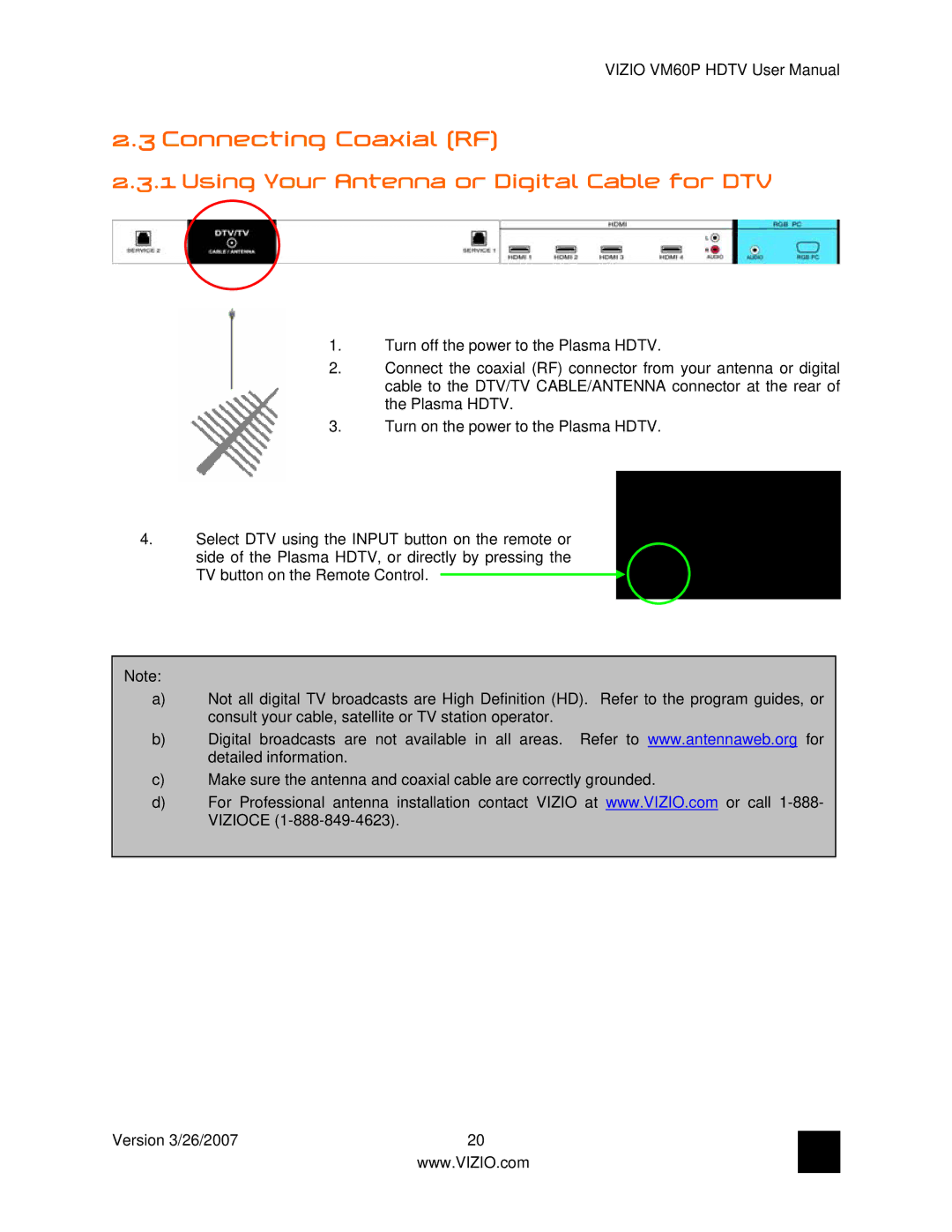 Vizio VM60P user manual Connecting Coaxial RF, Using Your Antenna or Digital Cable for DTV 