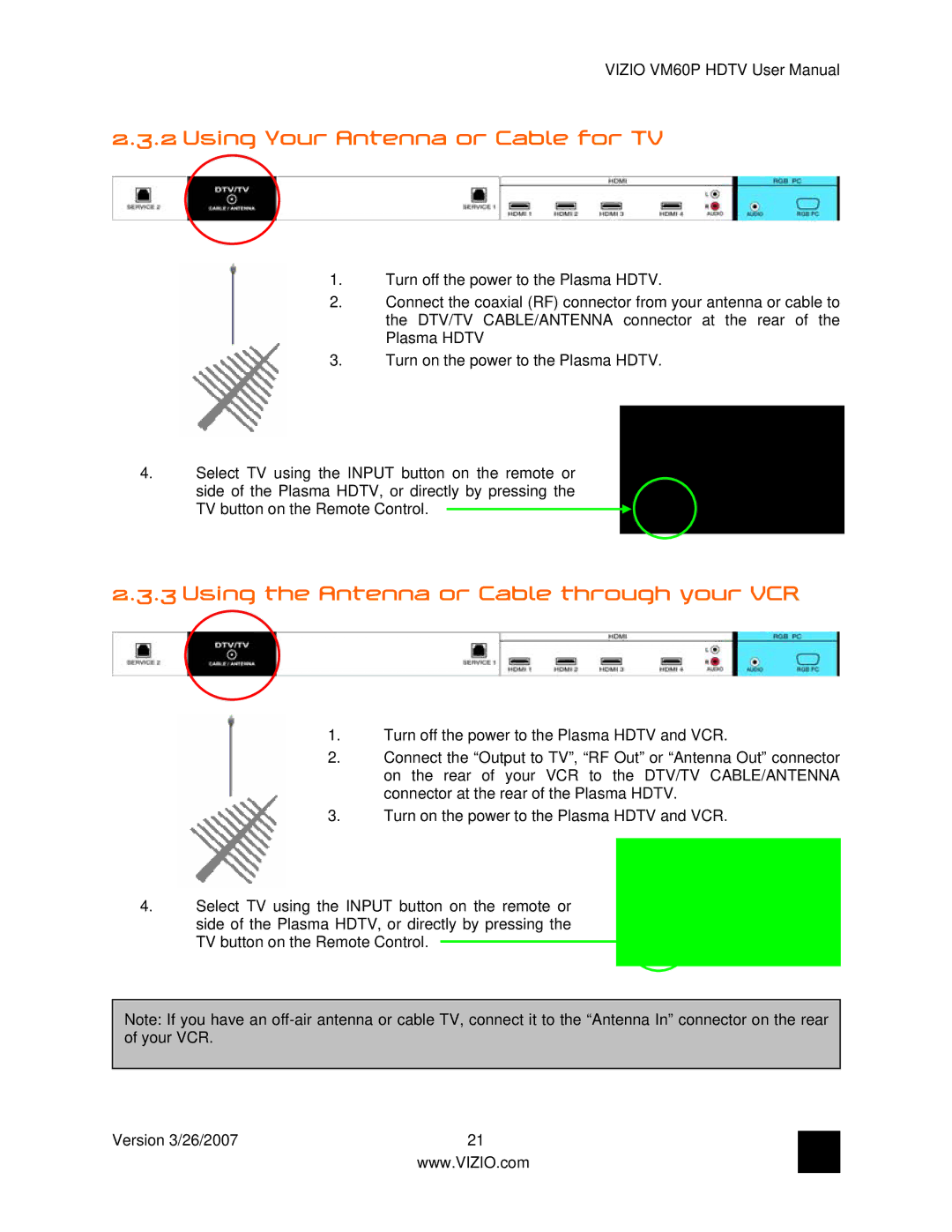 Vizio VM60P user manual Using Your Antenna or Cable for TV, Using the Antenna or Cable through your VCR 