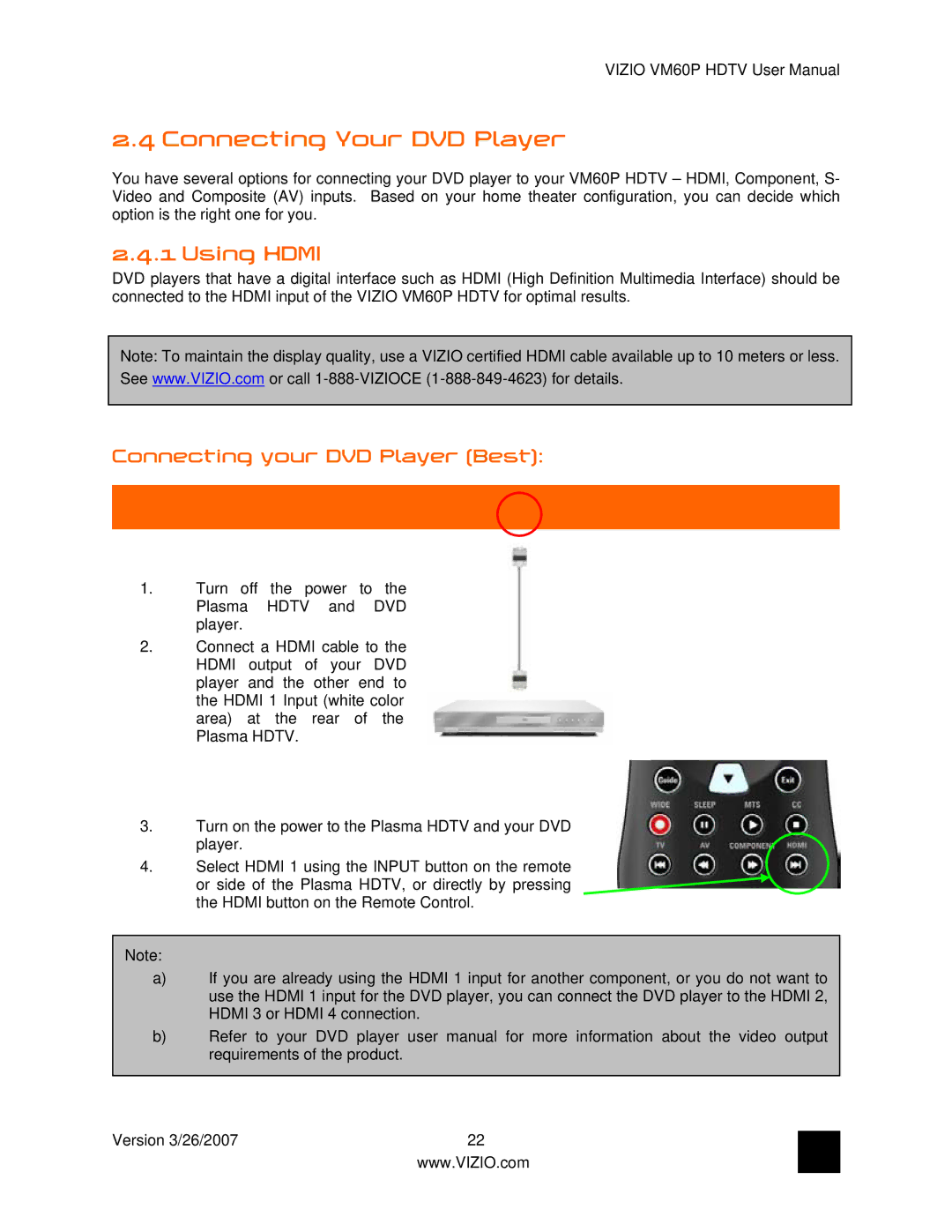 Vizio VM60P user manual Connecting Your DVD Player, Connecting your DVD Player Best 