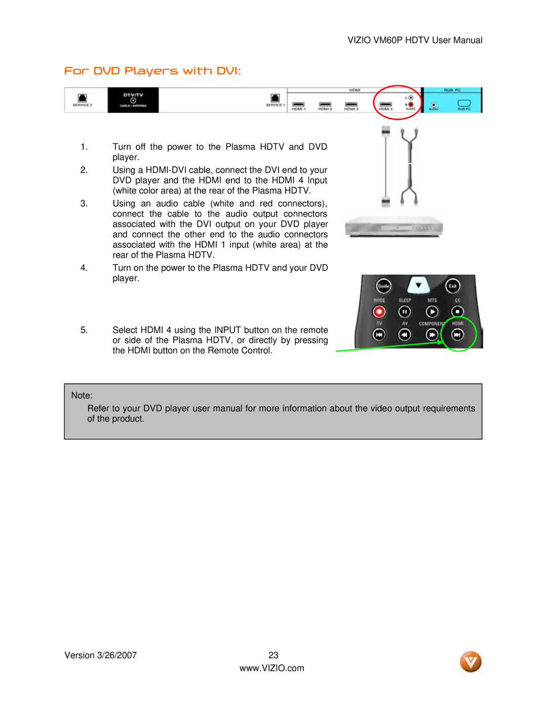 Vizio VM60P user manual For DVD Players with DVI 