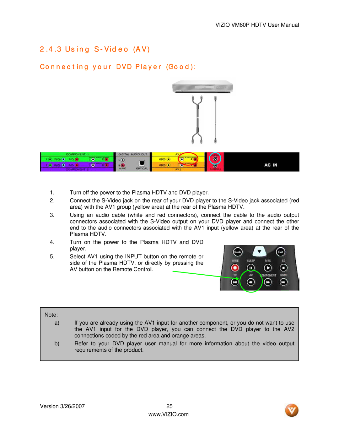 Vizio VM60P user manual Using S-Video AV, Connecting your DVD Player Good 