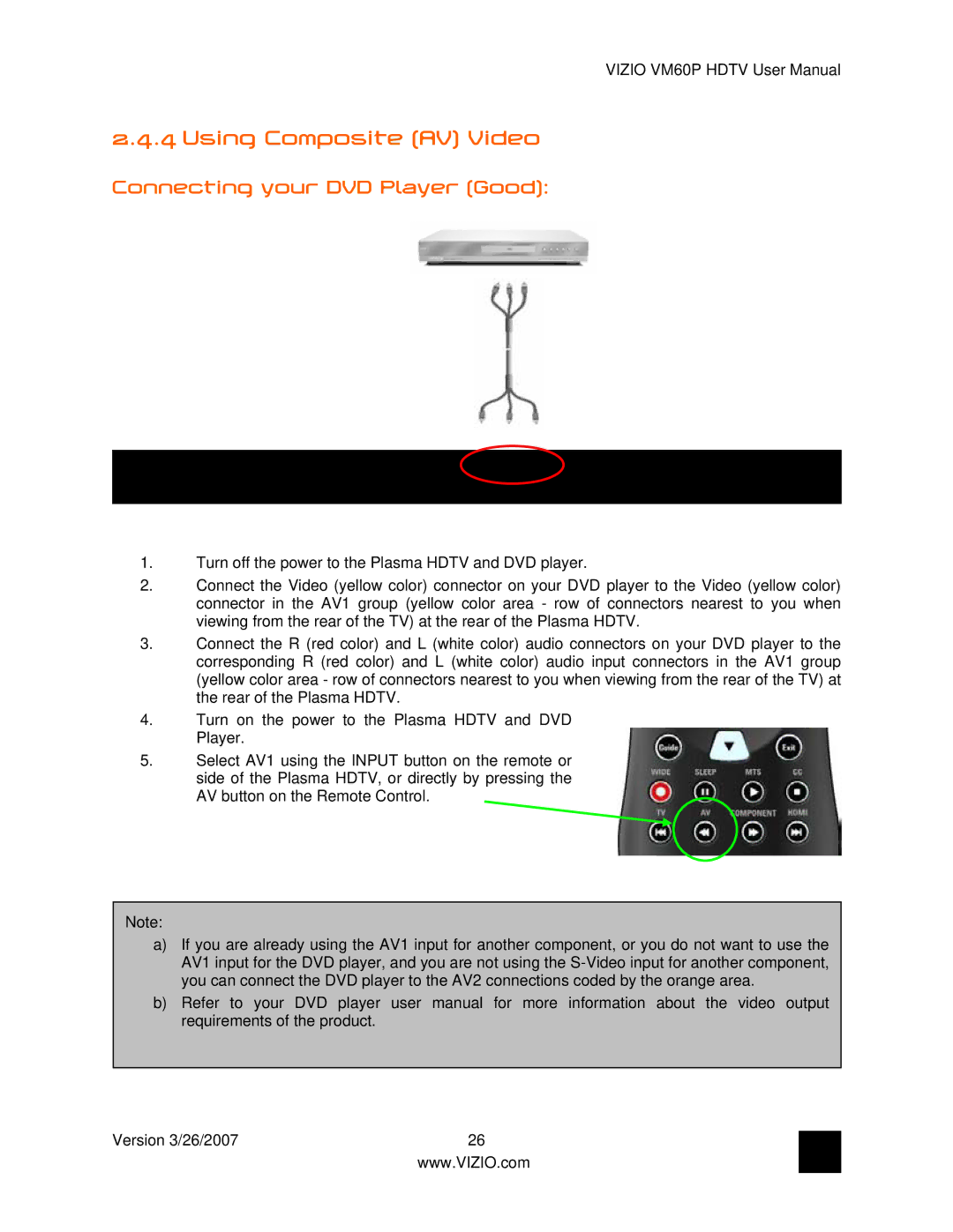 Vizio VM60P user manual Using Composite AV Video 