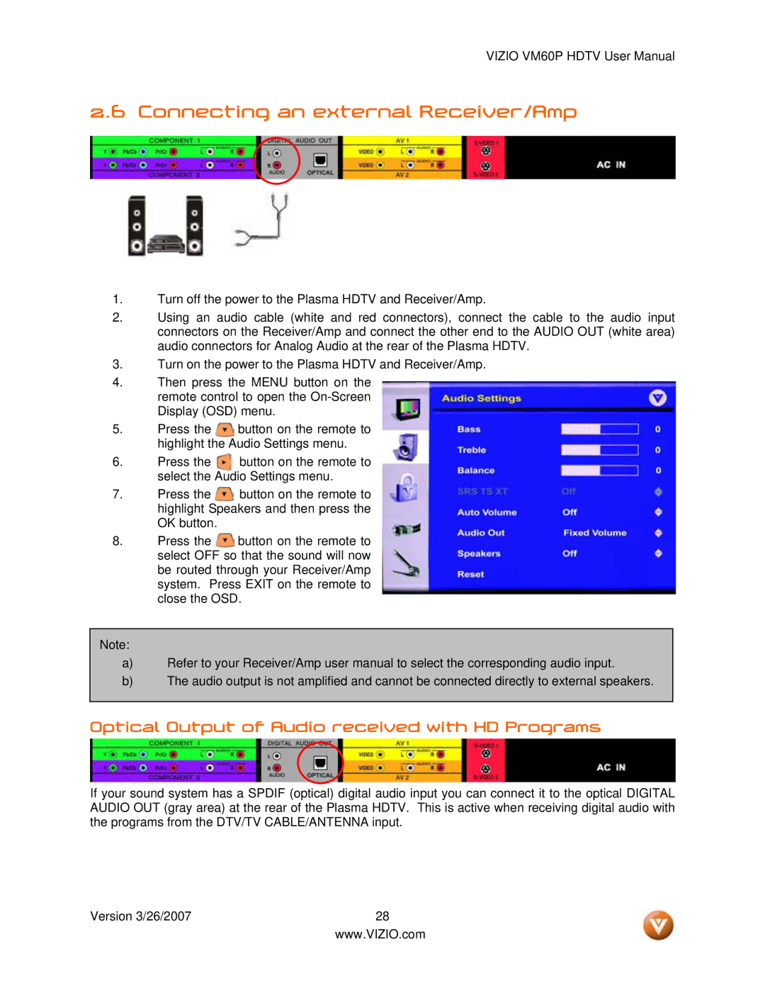 Vizio VM60P user manual Connecting an external Receiver/Amp, Optical Output of Audio received with HD Programs 