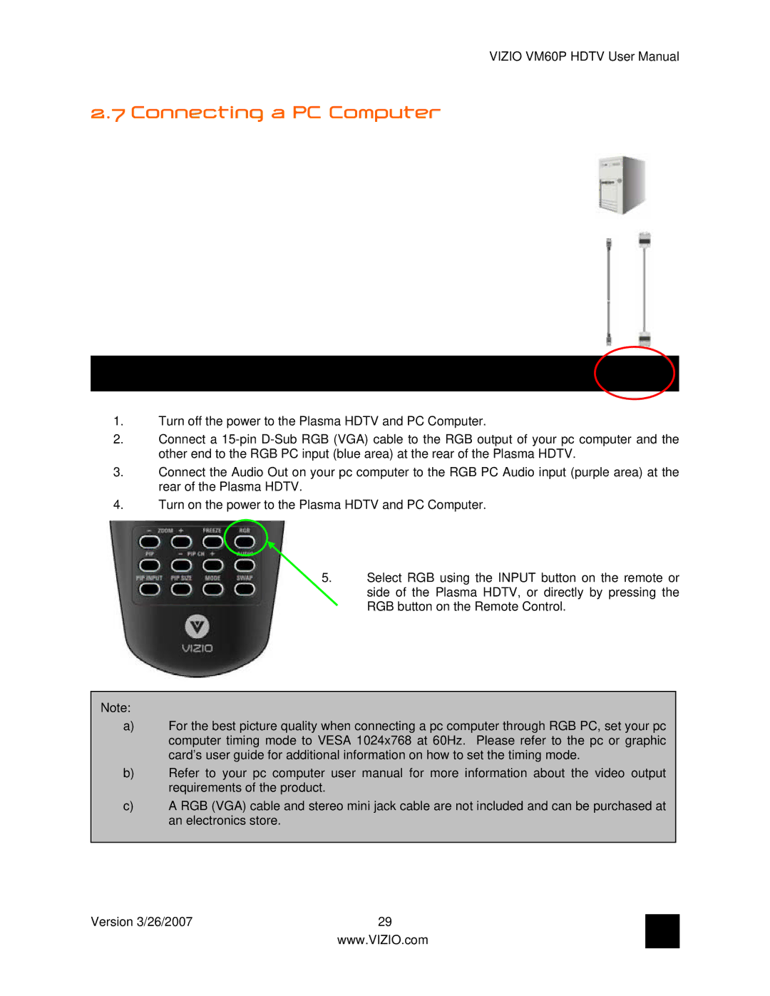 Vizio VM60P user manual Connecting a PC Computer 