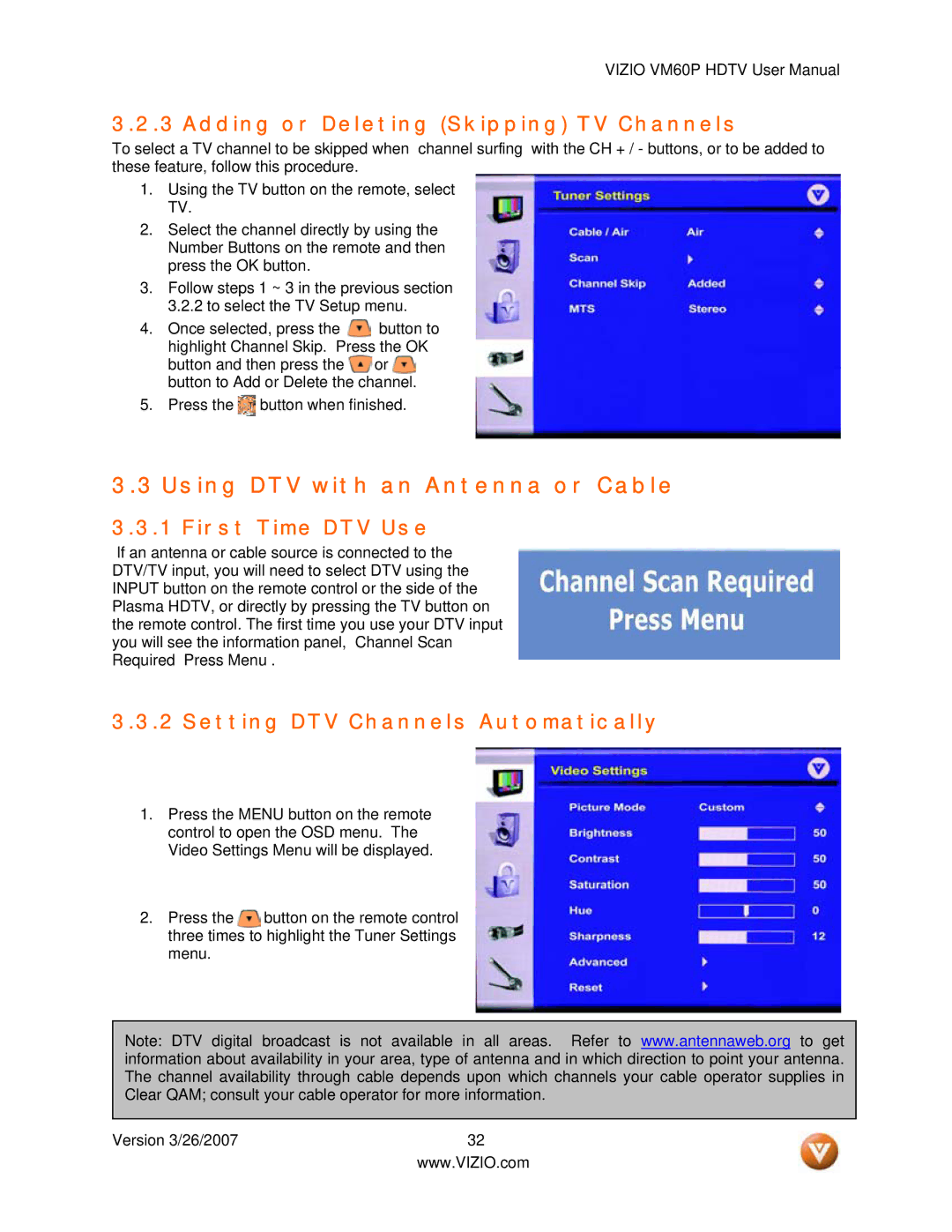 Vizio VM60P user manual Using DTV with an Antenna or Cable, Adding or Deleting Skipping TV Channels, First Time DTV Use 