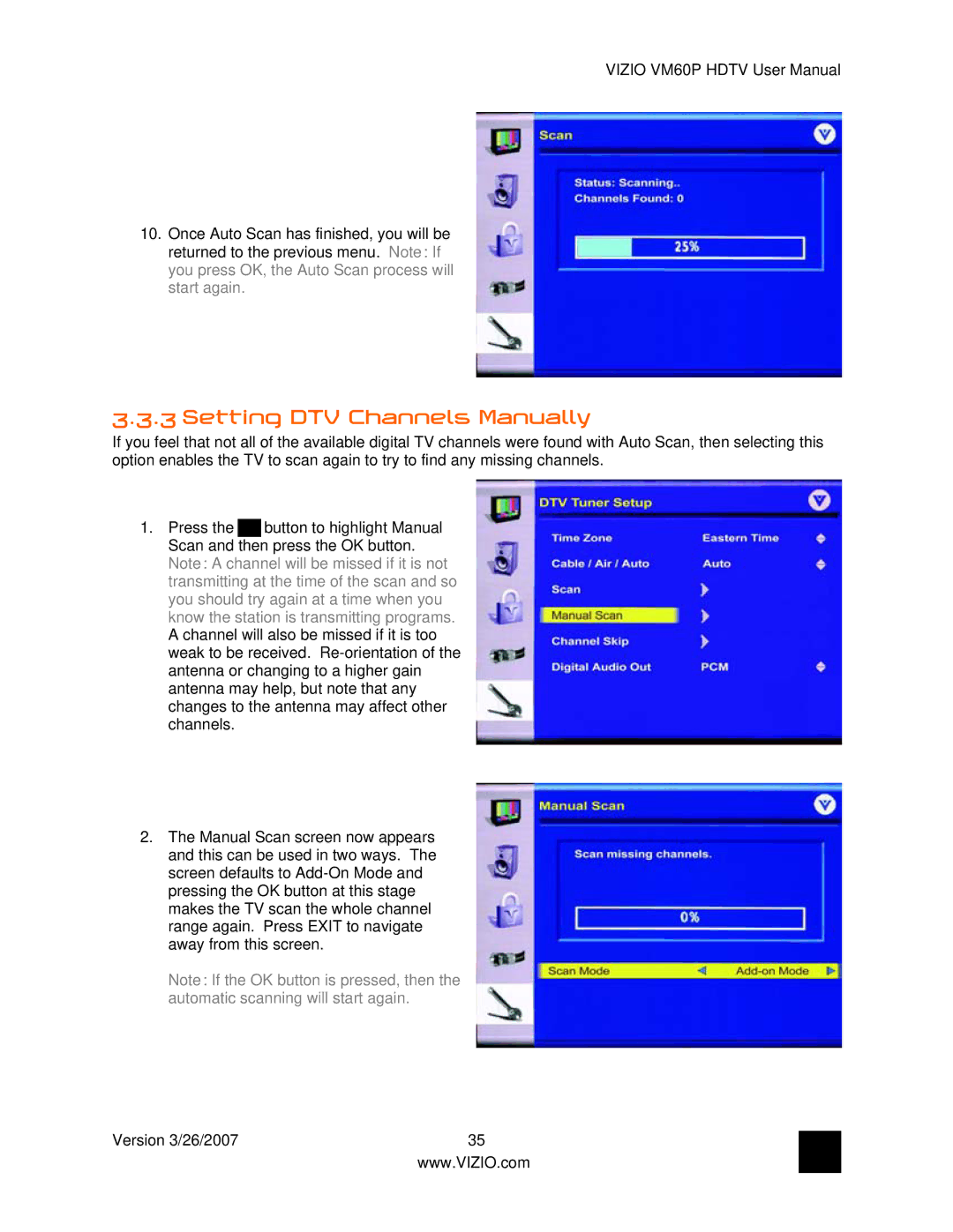 Vizio VM60P user manual Setting DTV Channels Manually 