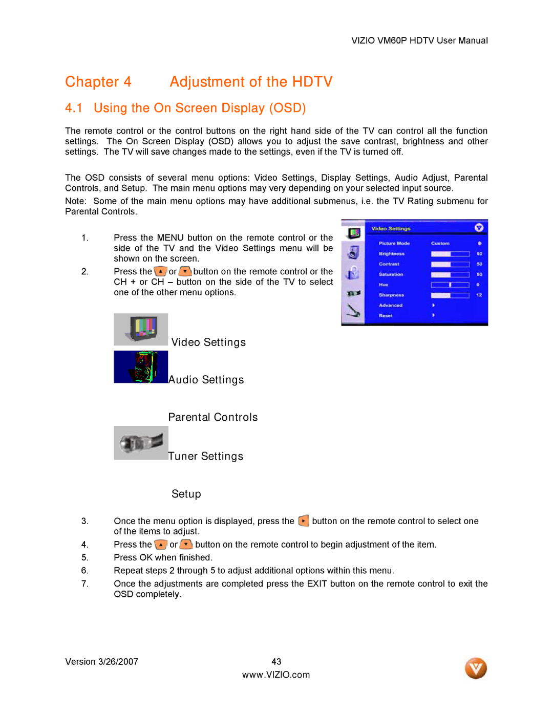 Vizio VM60P user manual Adjustment of the Hdtv, Using the On Screen Display OSD 