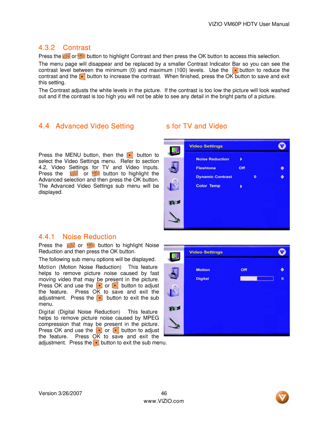 Vizio VM60P user manual Advanced Video Settings for TV and Video, Noise Reduction 