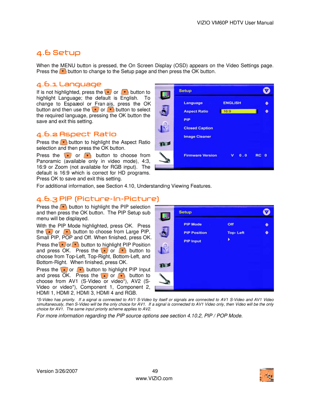 Vizio VM60P user manual Setup, Language, Aspect Ratio, PIP Picture-In-Picture 