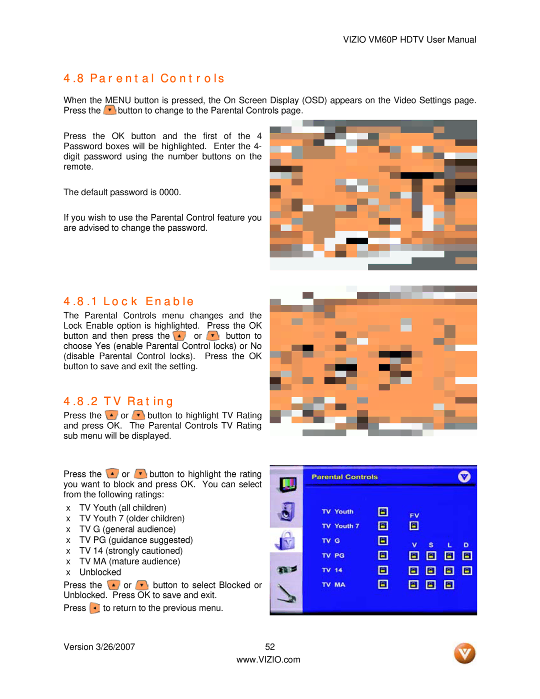 Vizio VM60P user manual Parental Controls, Lock Enable, TV Rating 