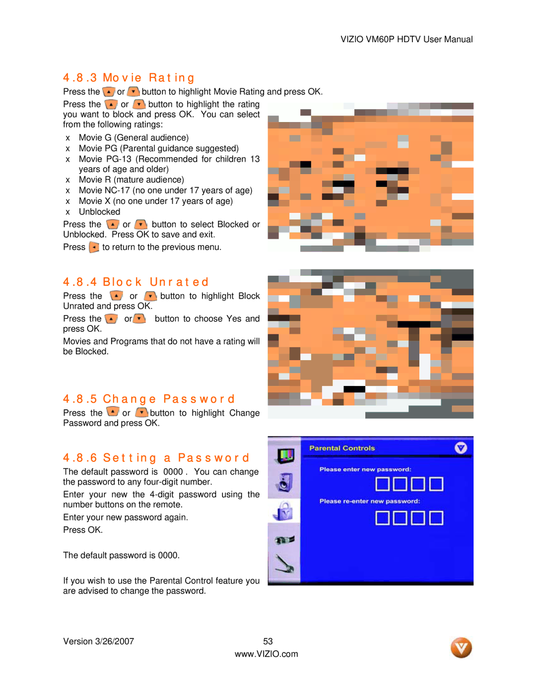 Vizio VM60P user manual Movie Rating, Block Unrated, Change Password, Setting a Password 