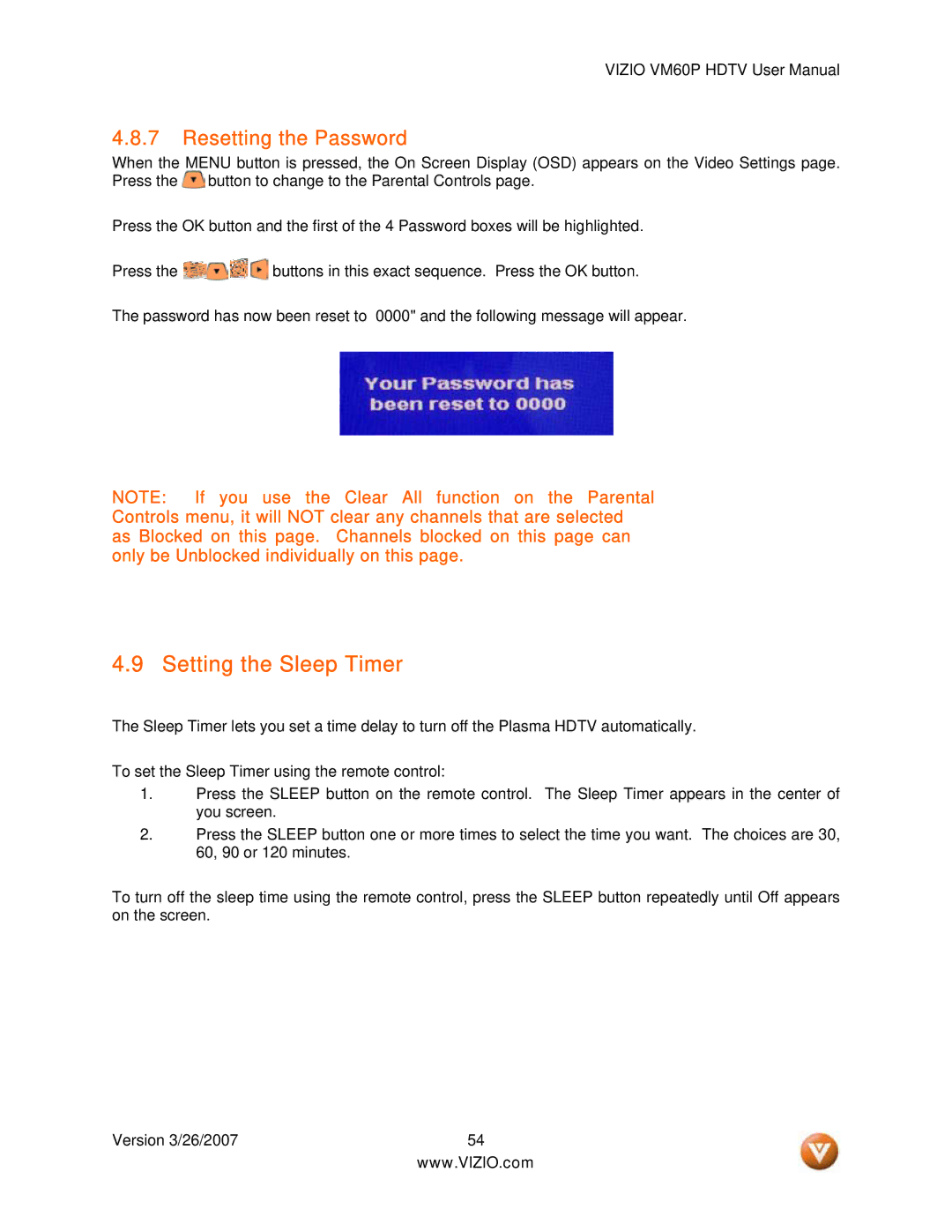 Vizio VM60P user manual Setting the Sleep Timer, Resetting the Password 
