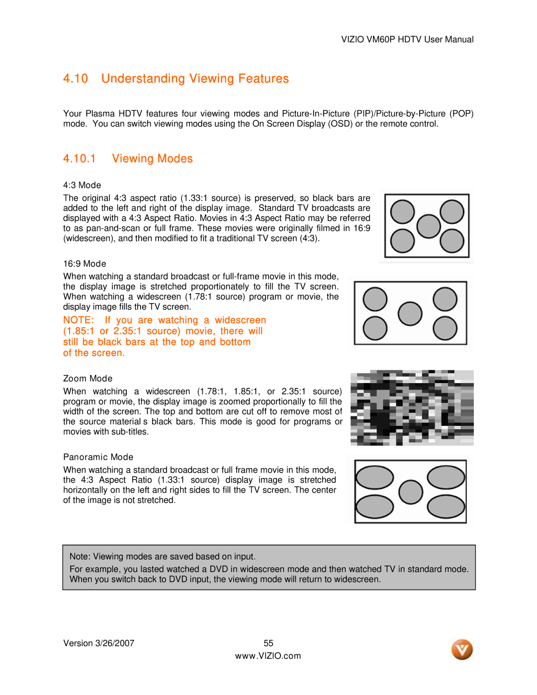 Vizio VM60P user manual Understanding Viewing Features, Viewing Modes, Zoom Mode, Panoramic Mode 