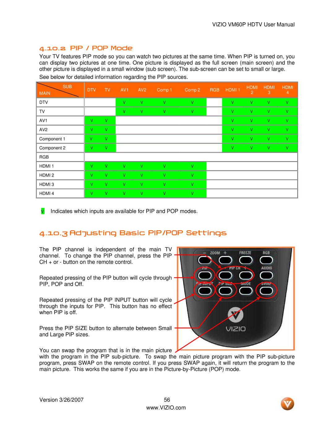 Vizio VM60P user manual Adjusting Basic PIP/POP Settings, PIP / POP Mode 