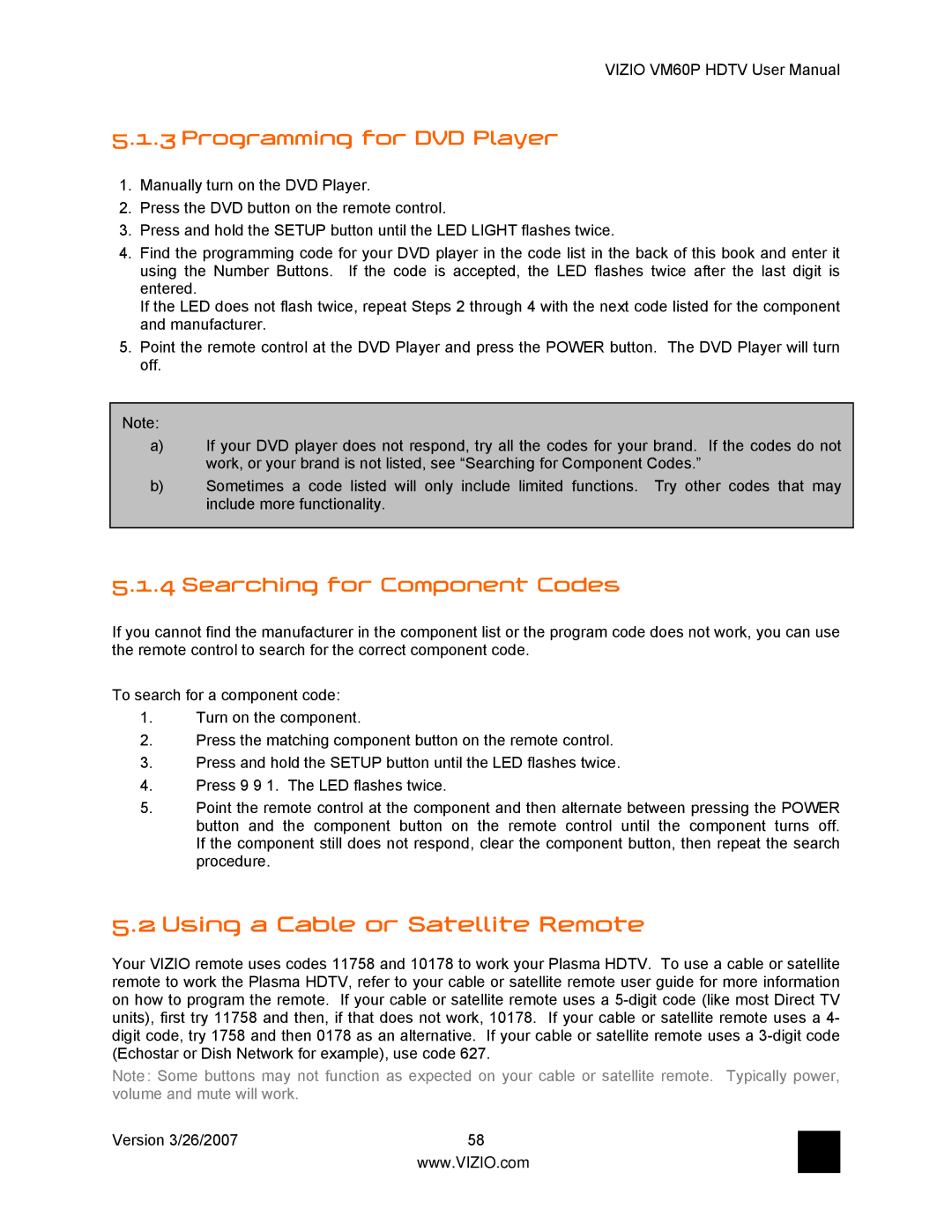 Vizio VM60P user manual Using a Cable or Satellite Remote, Programming for DVD Player, Searching for Component Codes 