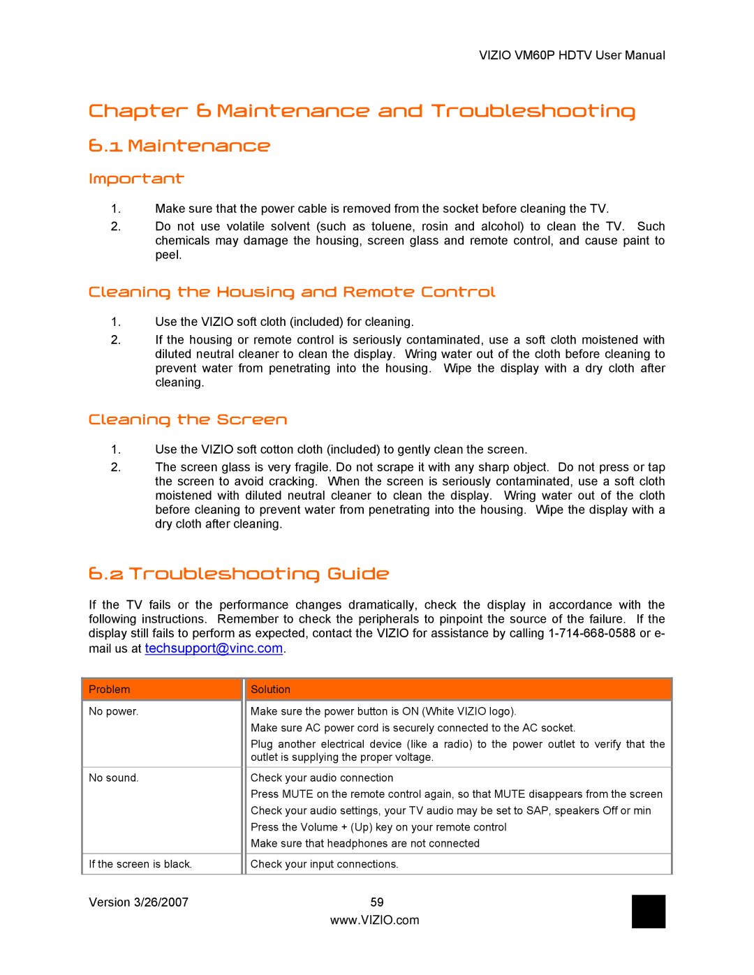 Vizio VM60P user manual Maintenance, Troubleshooting Guide, Cleaning the Housing and Remote Control, Cleaning the Screen 